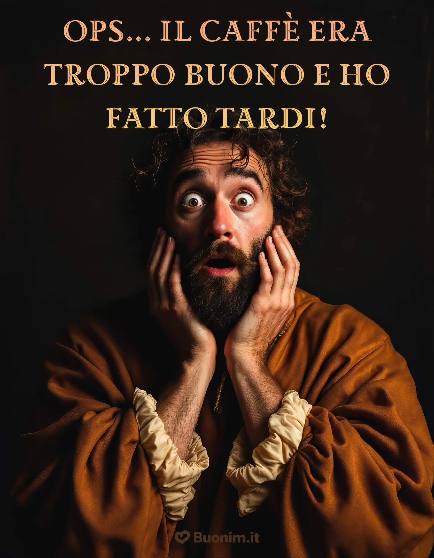 Immagine divertente di buongiorno in ritardo per sorridere insieme A volte il caffè è troppo buono per scappare via in fretta ma il mio saluto arriva comunque con tanta simpatia e voglia di allegria