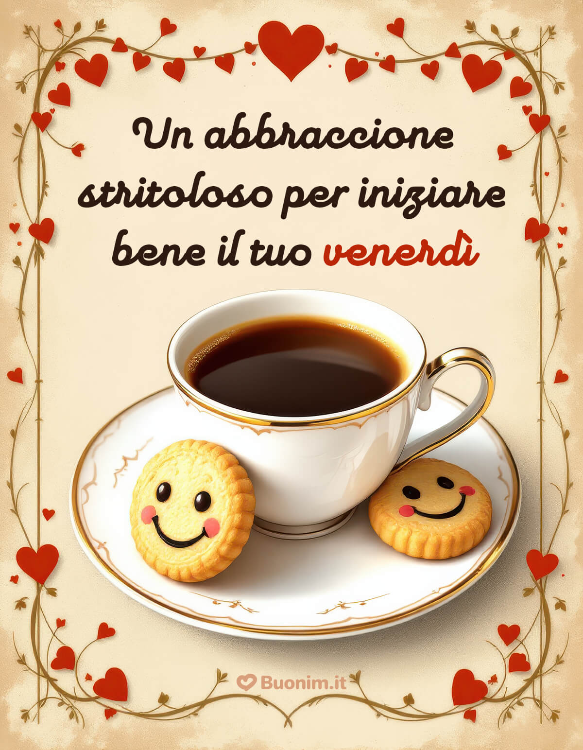 Abbraccione dolce buon venerdì con tocco elegante Basta un caffè caldo e due sorrisi per sentirsi meglio. Ti auguro un Buon Venerdì sereno, con un abbraccio dolce che rende leggeri anche i pensieri.
