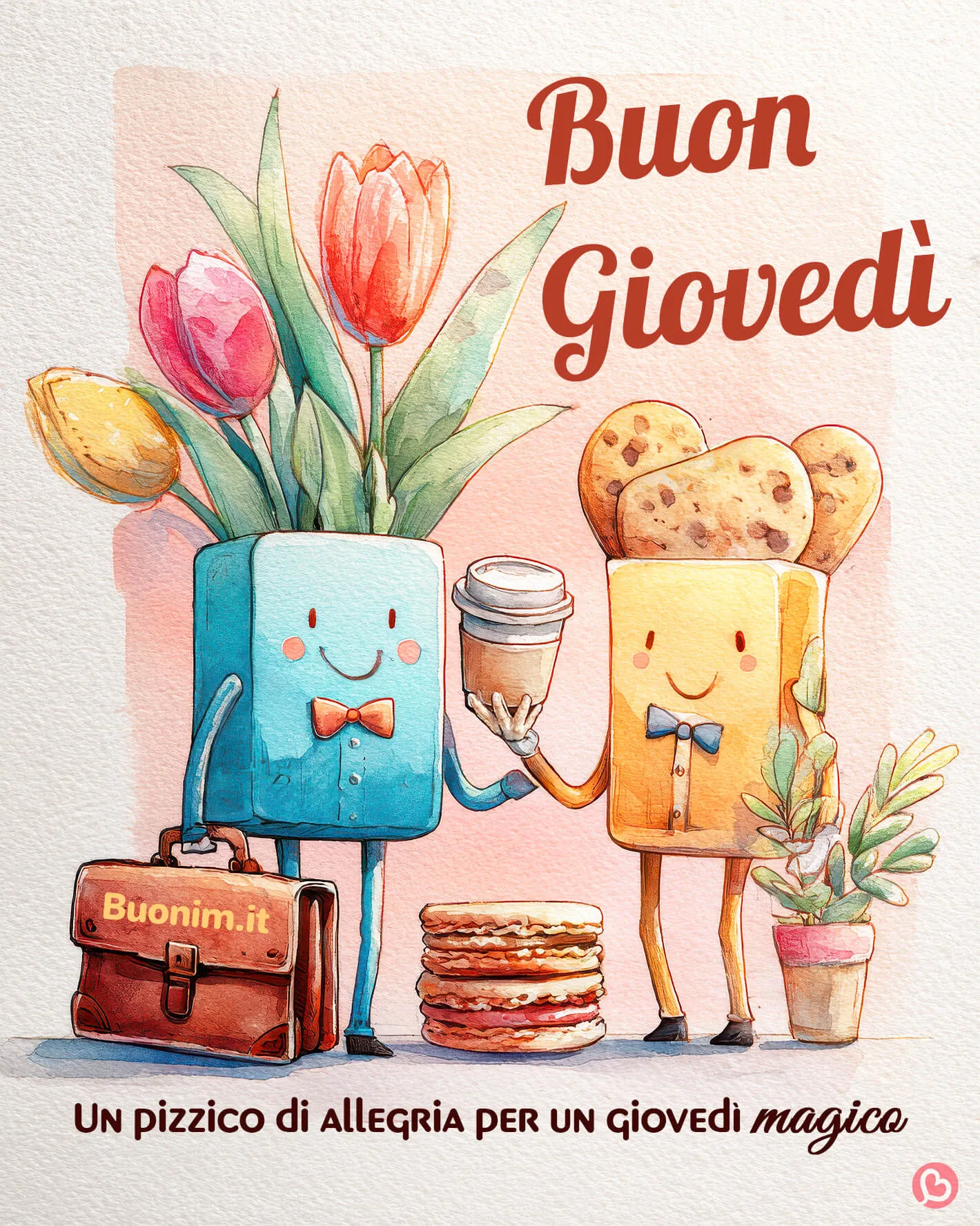 Tra colori delicati e facce sorridenti, questo Buon Giovedì mette subito allegria. Ti va di inviarlo su WhatsApp per dire buona giornata, con un abbraccio e tanta dolcezza.