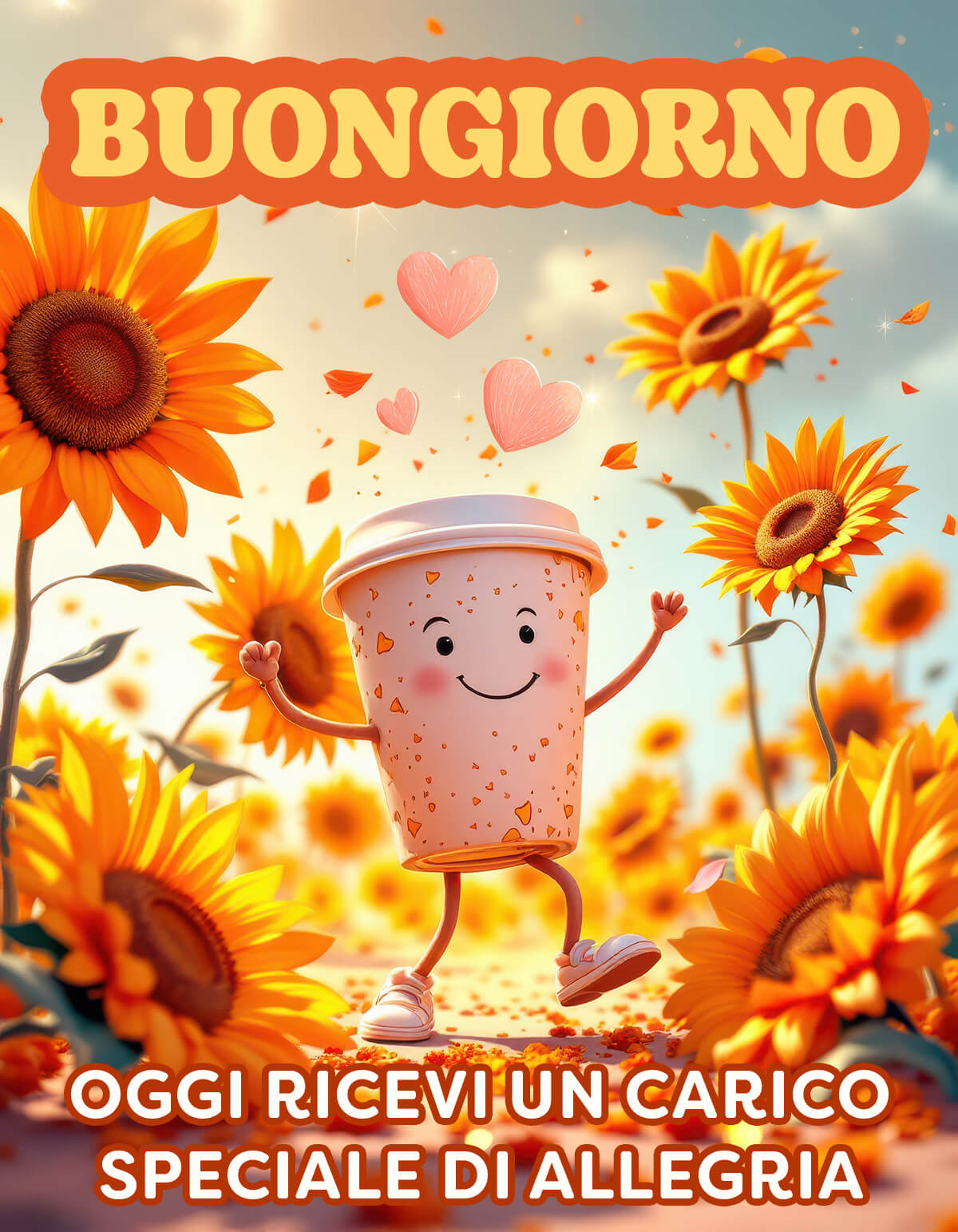 Tra girasoli e cuoricini, arriva una carica di energia positiva. Ti mando un buongiorno con affetto, perché oggi ti aspetta qualcosa di bello e un sorriso grande.