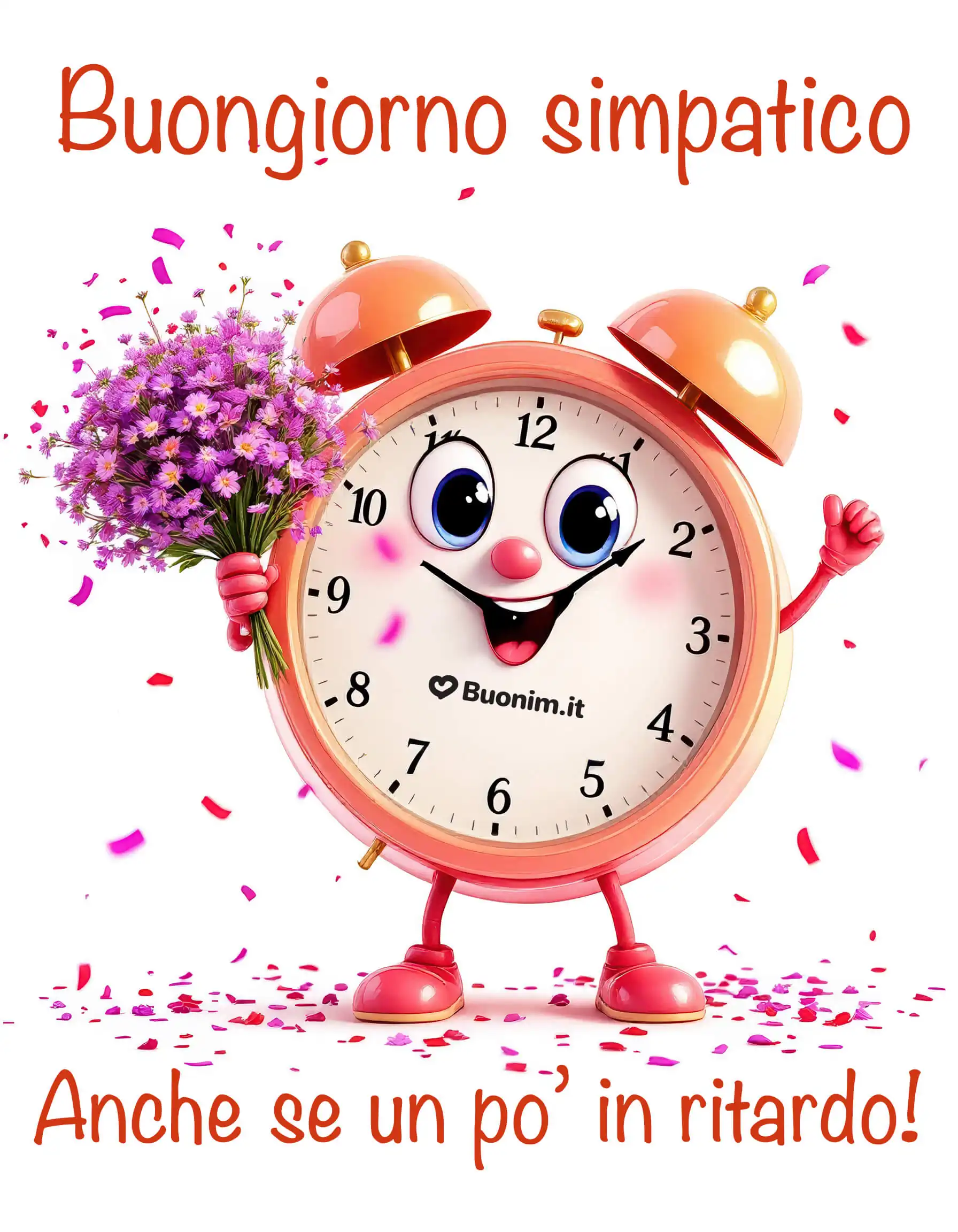 Buongiorno allegro e simpatico per iniziare con il sorriso Anche se un po’ in ritardo questo orologio colorato porta un mazzo di fiori e tanta voglia di augurarti una giornata felice e piena di buonumore