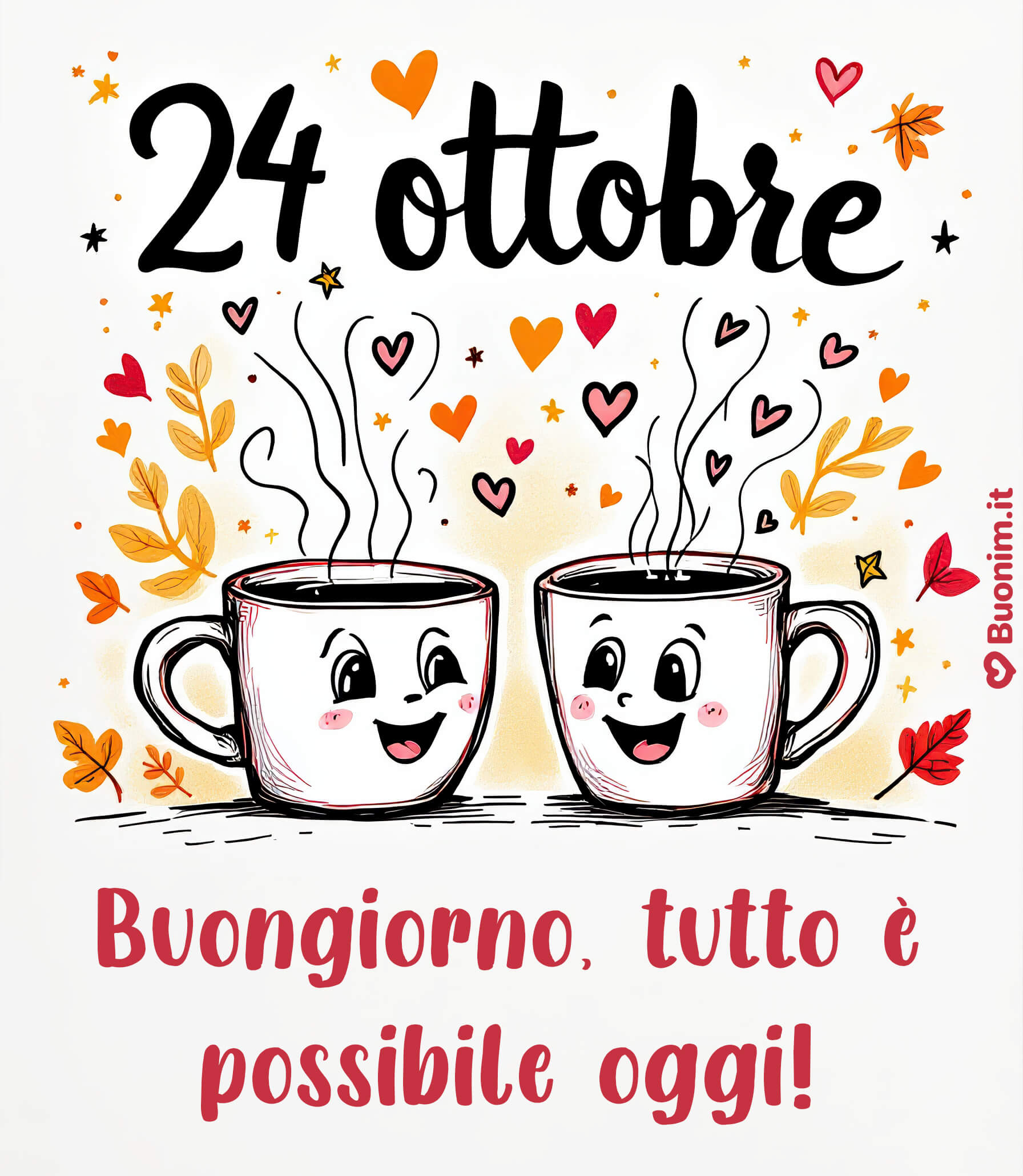 Buongiorno del 24 ottobre, tutto è possibile oggi! Apri il cuore alle belle emozioni e lascia che la giornata ti sorprenda. A volte basta un sorriso per cambiare tutto.