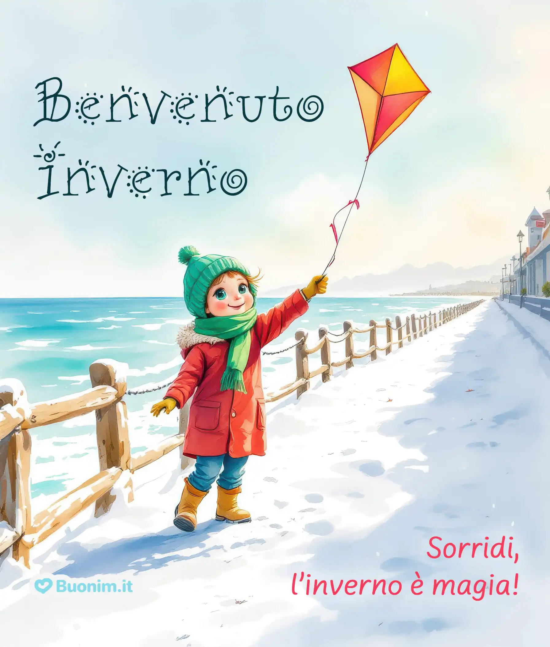 Brezza salmastra e neve sulla riva, la bimba fa volare la magia mentre il cuore si scalda. Un’immagine dell’inverno che unisce mare e neve in un sogno di serenità. Che oggi tu cammini sereno e con tanta dolcezza.