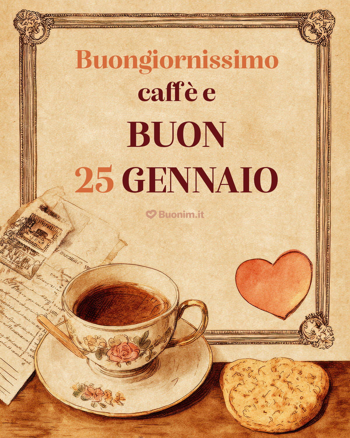Atmosfera vintage con caffè e cuore per oggi Metti su il sorriso, prenditi un caffè e parti leggero. Buongiornissimo e buon 25 gennaio, ti mando un abbraccio grande e tanti bacini, che la giornata sia gentile.