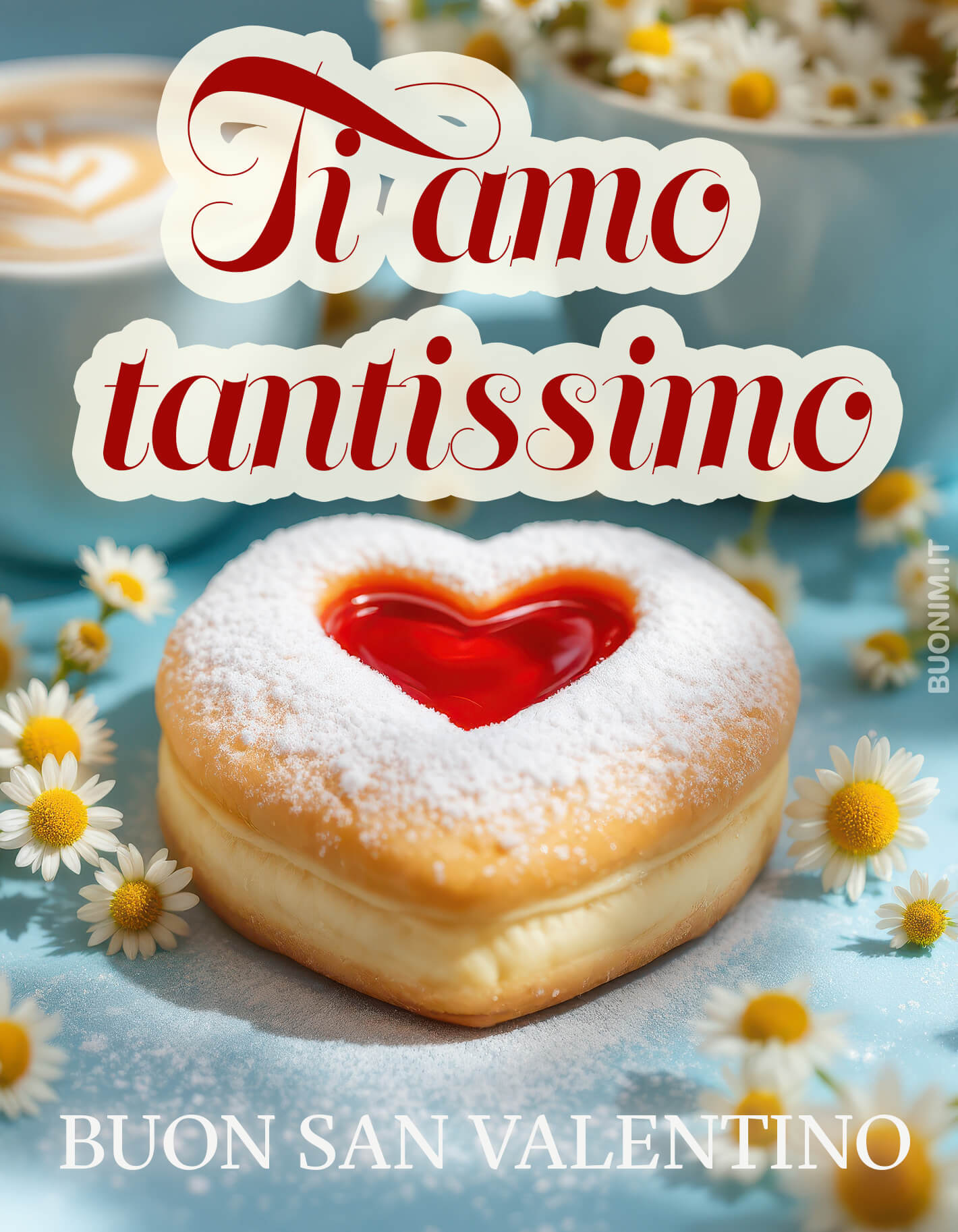 Il dolce a forma di cuore rende ancora più tenero il messaggio Ti amo tantissimo. Questa cartolina è perfetta da inviare alla persona amata per augurare un San Valentino speciale.