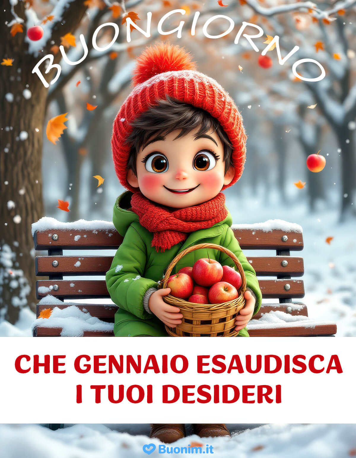 Auguri di buongiorno gratis con bimbo e cestino di mele Oggi il freddo sembra meno duro con un cestino di mele e un sorriso grande. Ideale tra le nuove immagini gratis da condividere per augurare desideri esauditi.