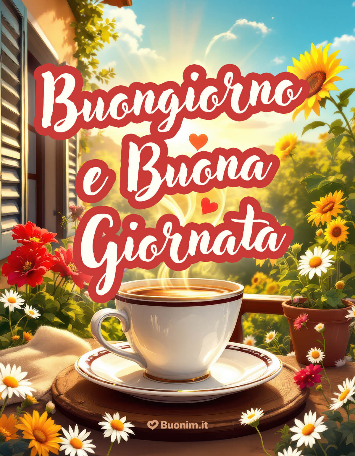 Auguro a tutti un buongiorno con dolcezza Dal balcone inondato di sole, il profumo del caffè abbraccia i fiori. Questa immagine affettuosa di buongiorno è un buongiorno a tutti pieno di pace, luce e abbraccioni.