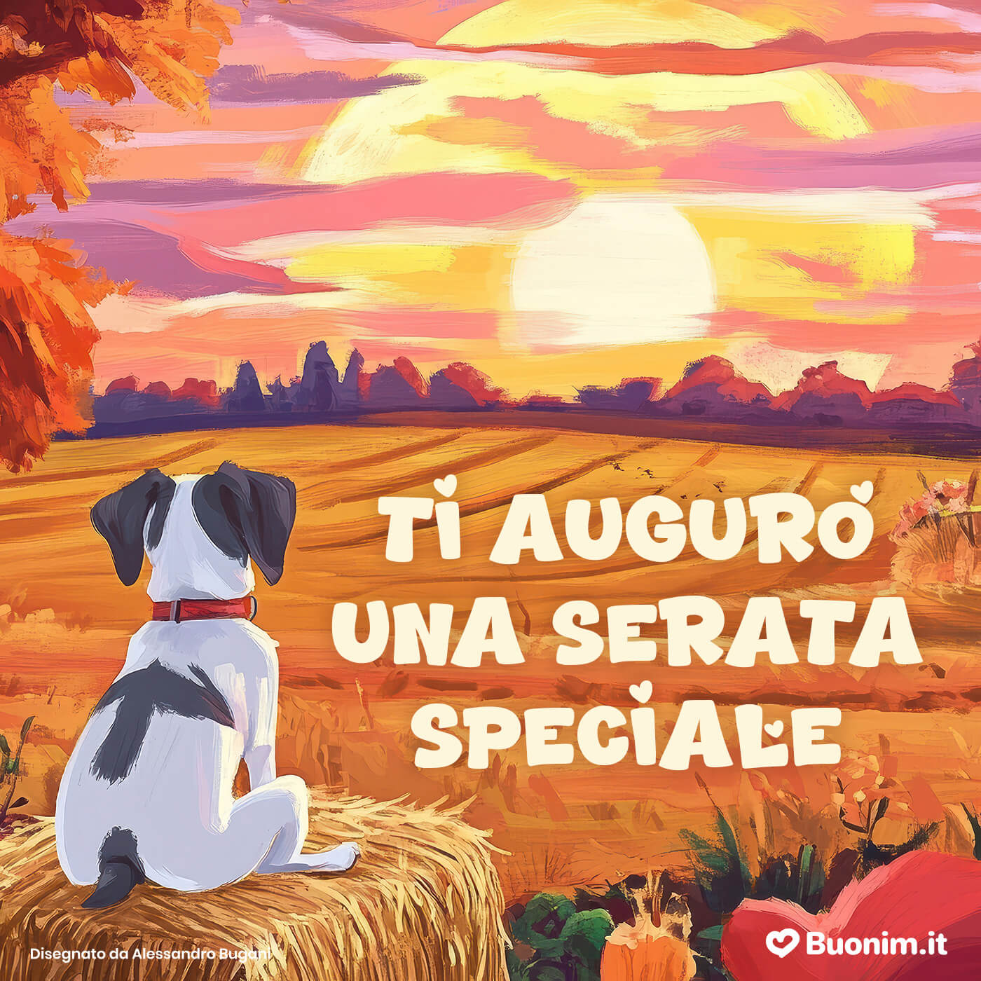 Autumn sunset over field with dog and house in peaceful countryside setting Autumn sunset over field with dog and house in peaceful countryside setting