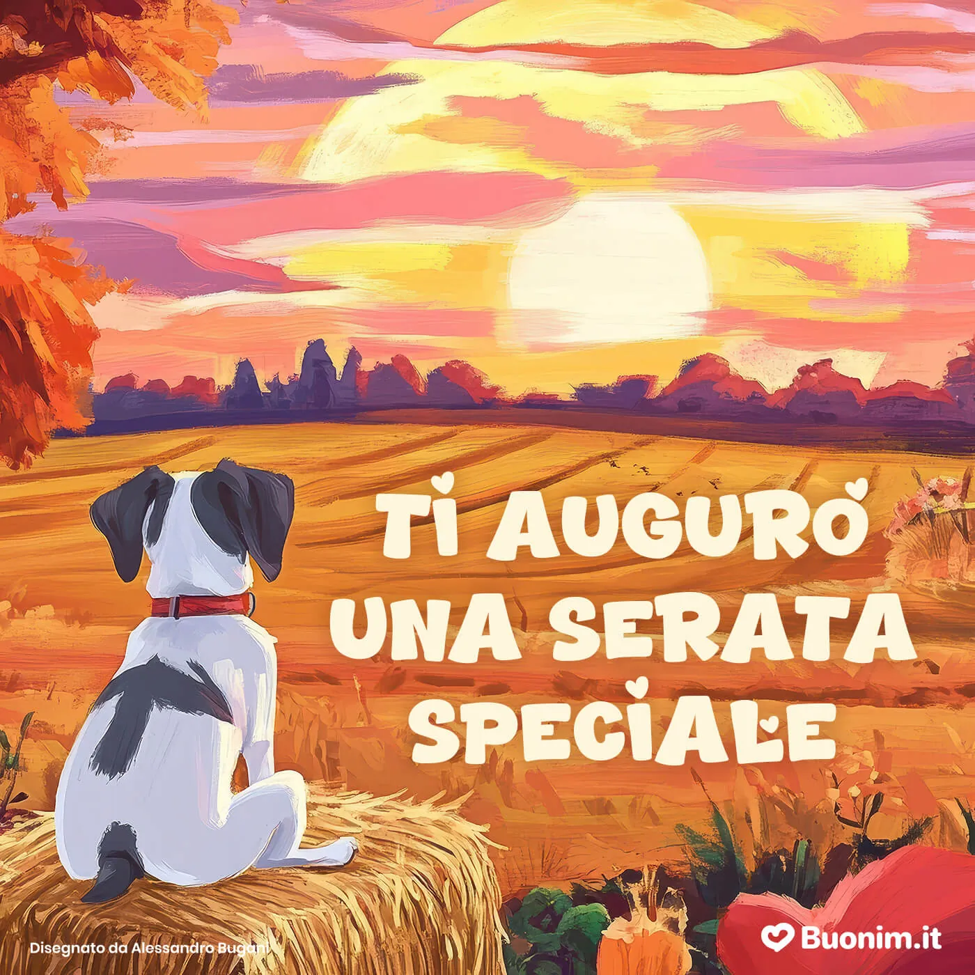 Autumn sunset over field with dog and house in peaceful countryside setting