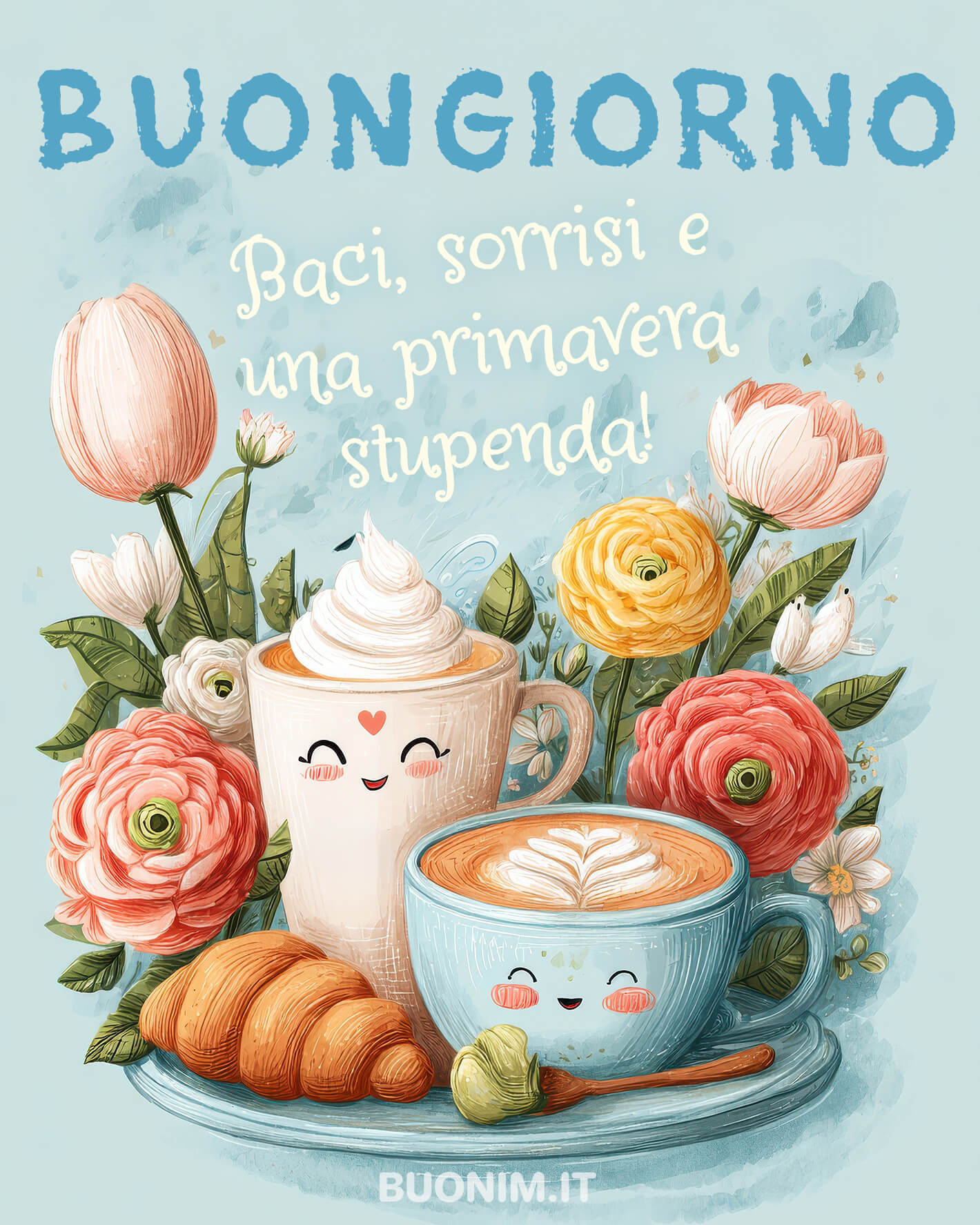 Le due tazzine allegre, circondate dai fiori, ti mandano bacini e un augurio speciale. Che il 2 marzo sia dolcissimo e la primavera riempia il tuo cuore di gioia!