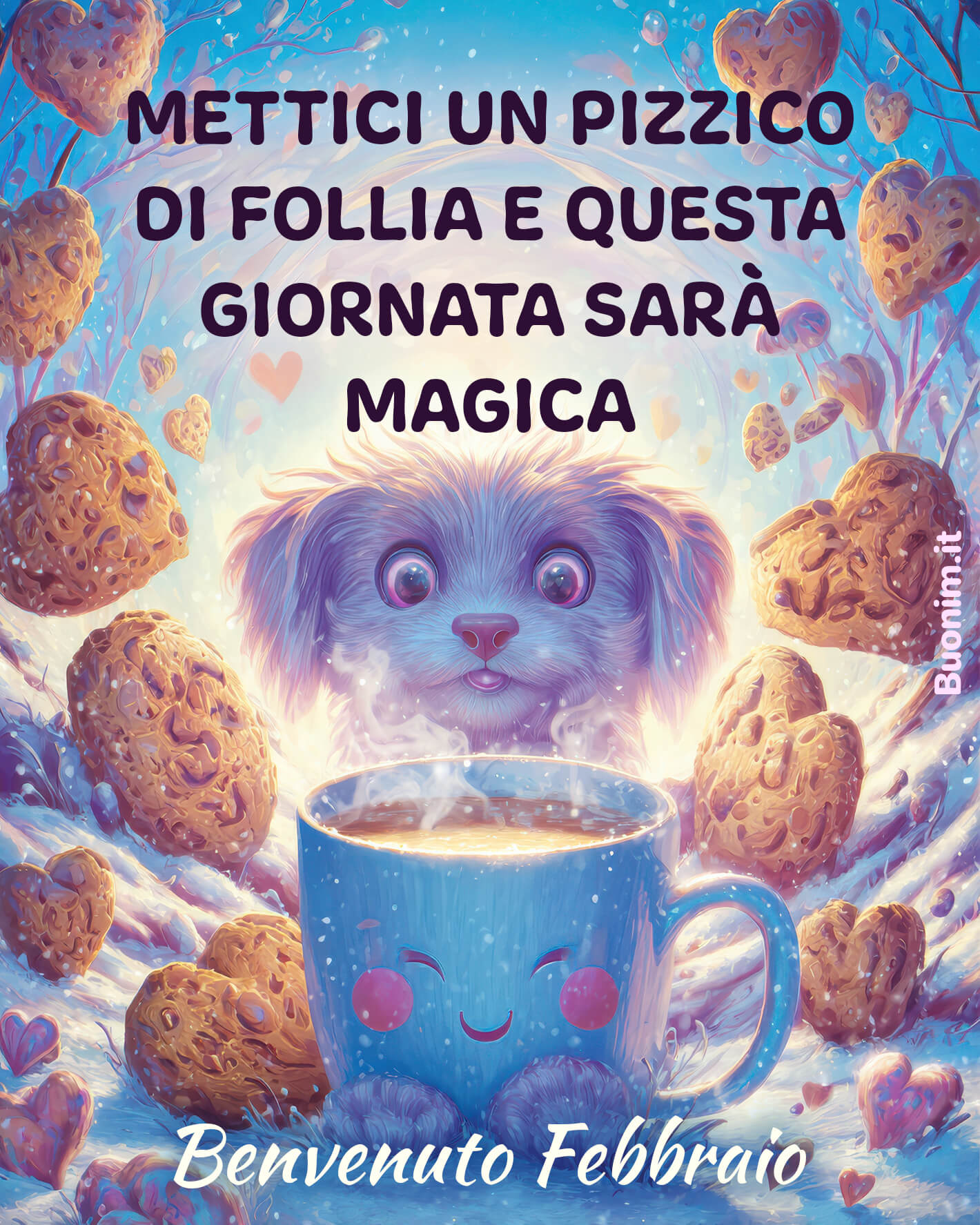 Benvenuto Febbraio con cucciolo e tazza dolce Tra biscotti e coccole, questo benvenuto scalda l’anima. Con frasi di febbraio leggere, è perfetta gratis per whatsapp per augurare un buon mese di febbraio pieno di luce.