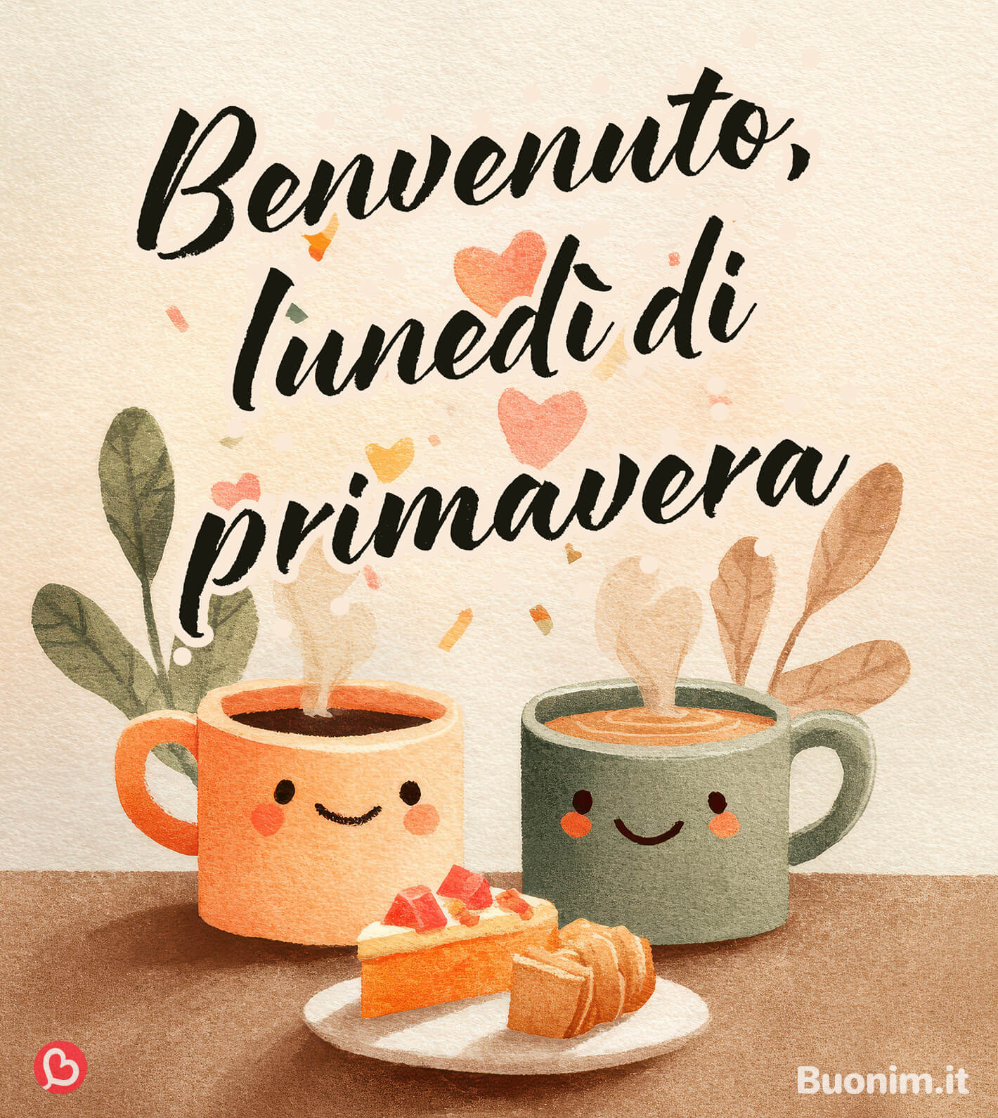 Benvenuto, dolce lunedì di primavera, con coccole Due tazze fumanti e un dolcetto ricordano che si riparte con gentilezza. Se ti va, condividila con una persona speciale e augura una giornata piena d’amore.