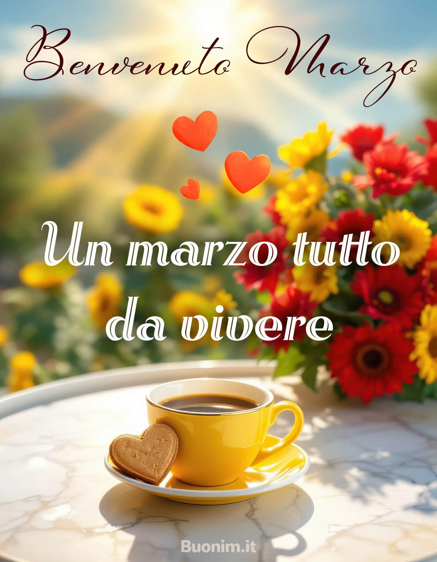 Benvenuto marzo tra sole, caffè e cuori Luce calda e colori vivi accendono la mattina. Questa immagine di benvenuto marzo è perfetta per dare energia e affetto, da inviare a chi vuoi bene per iniziare la giornata con il piede giusto.