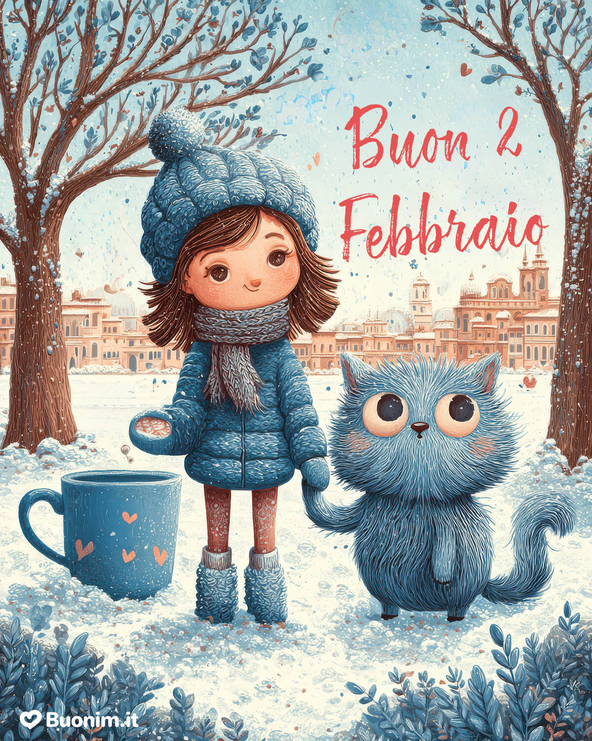 Oggi l’inverno sembra più dolce con te, tra una tazza fumante e lo sguardo del gattino. Buon 2 Febbraio, che ogni passo sia leggero e pieno d’affetto.