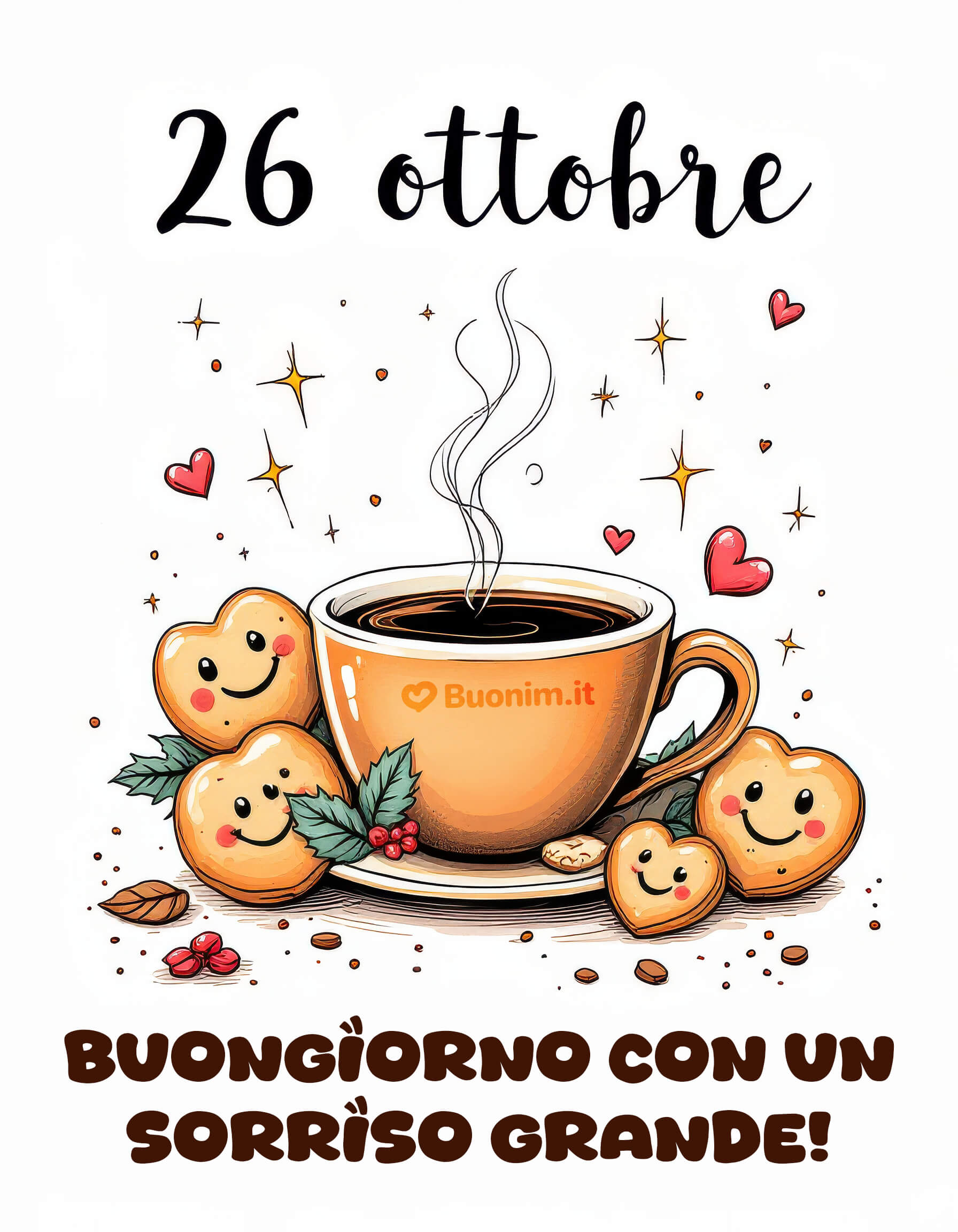 26 ottobre sorrisi con il caffè del cuore Biscottini a forma di cuore e tazza fumante accendono il buonumore. Porta luce ai tuoi progetti di oggi e condividi questo buongiorno per regalare affetto e carica