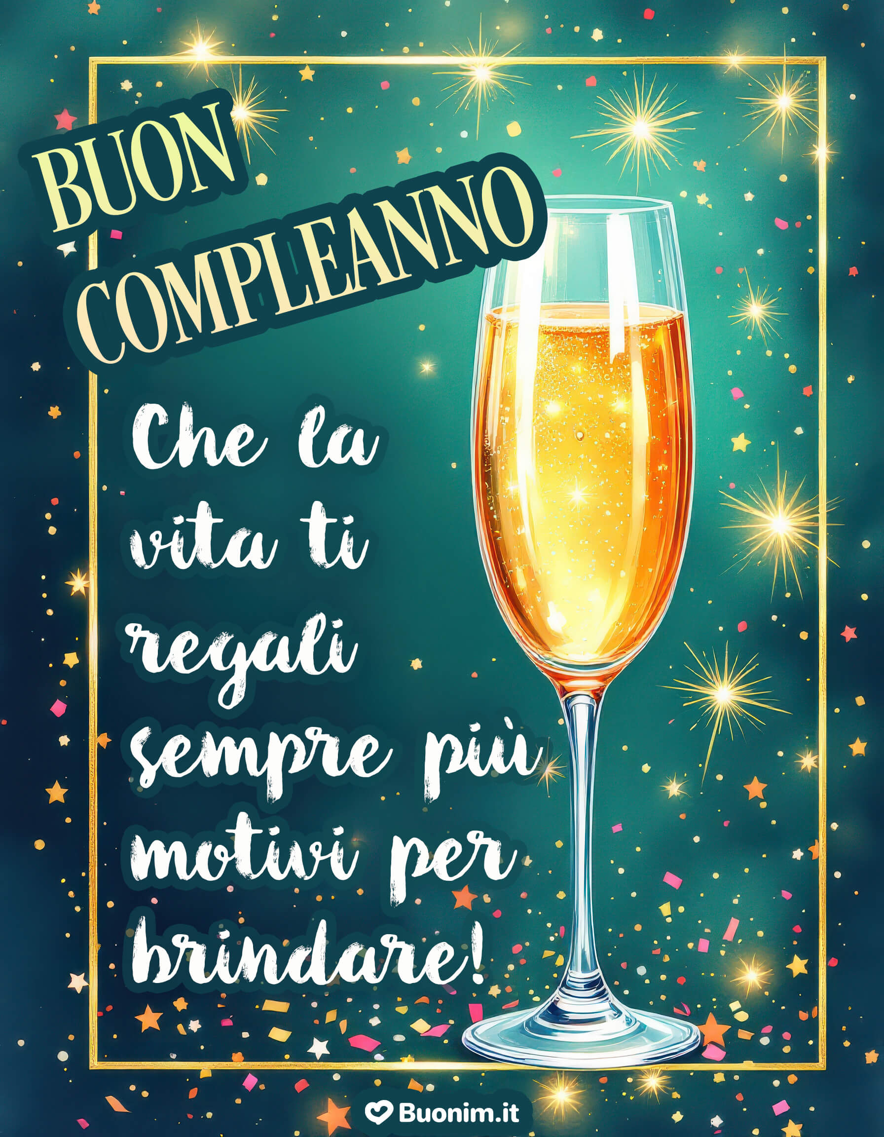 Brindisi elegante e auguri di buon compleanno dorati Calici scintillanti, stelle che danzano e cuore grato. Che la tua giornata porti successi, serenità e tanti motivi per brindare alla vita.