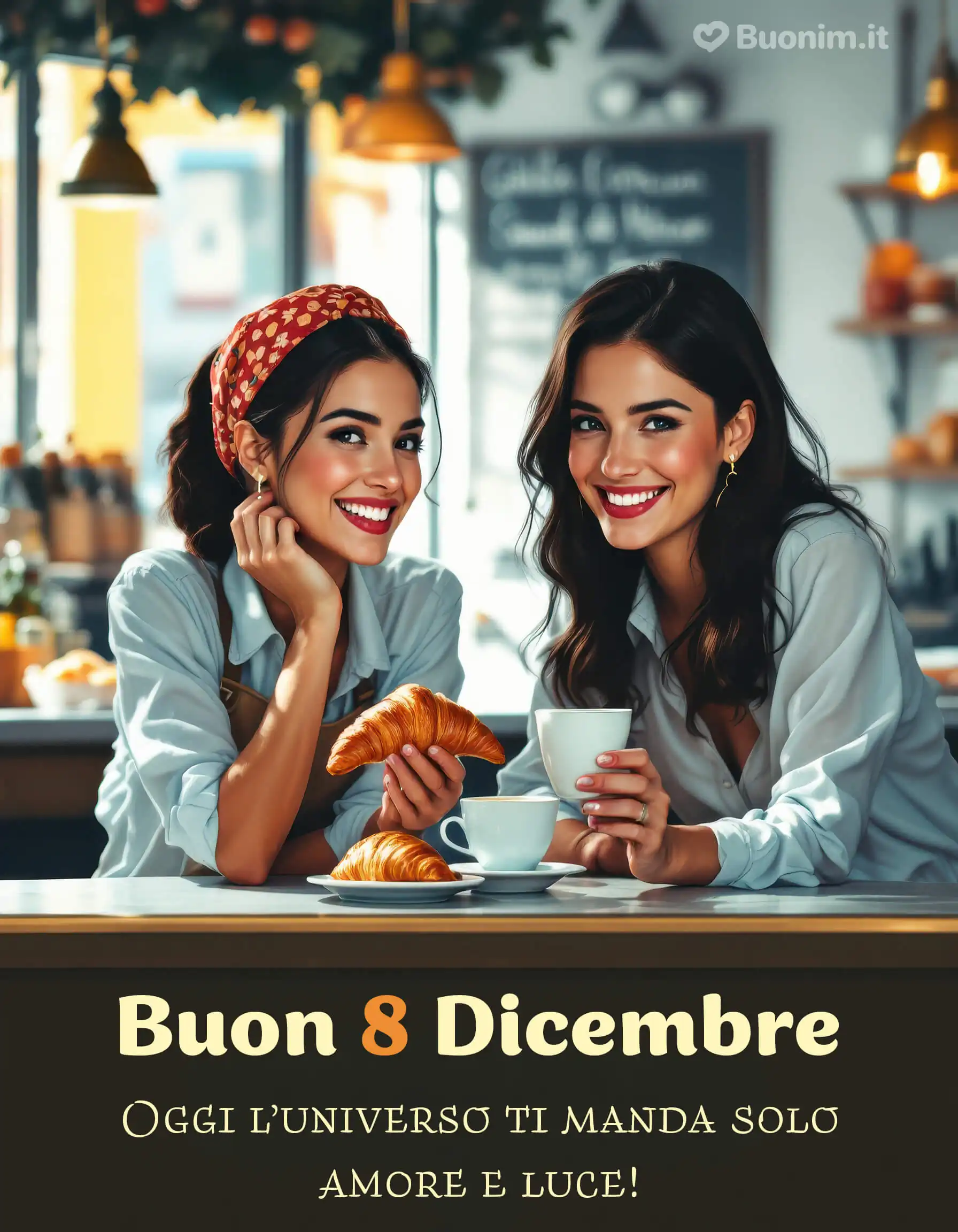 Buon 8 Dicembre con colazione, chiacchiere e sorrisi Ti auguro un 8 dicembre allegro, vissuto davanti a un cappuccino e a un cornetto con le persone che porti nel cuore. Che il tempo di oggi ti riempia di amore, complicità e attimi di pura gioia. Le più belle immagini di buongiorno dell’8 dicembre da inviare su WhatsApp per diffondere buonumore.