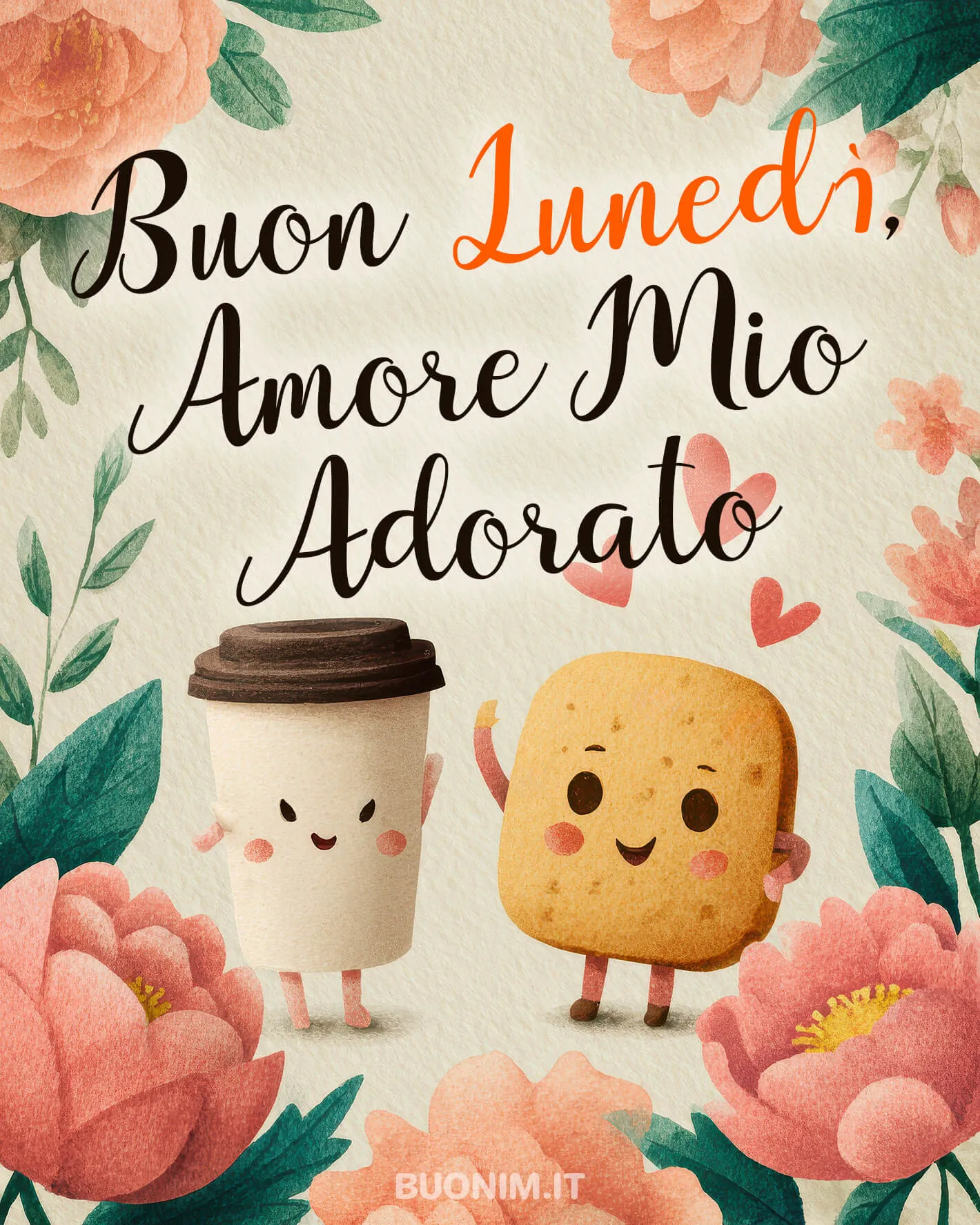 Due teneri compagni portano caffè e biscotti per festeggiare insieme il nuovo lunedì. Amore mio adorato, ti auguro un felice inizio di settimana fatto con dolcezza, allegria, baci.