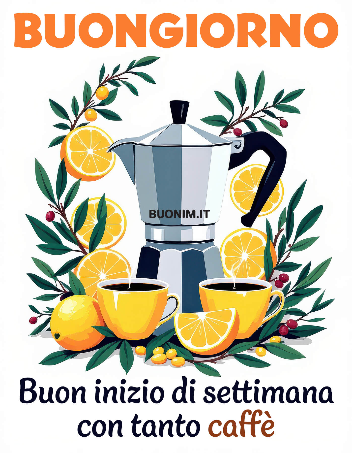 Buon Inizio di Settimana con la Moka e Tanto Caffè Agrumi e moka accendono il buonumore, mentre due tazzine augurano un felice inizio di settimana. La cartolina accompagna chi ami con energia, freschezza, allegria fino a sera.