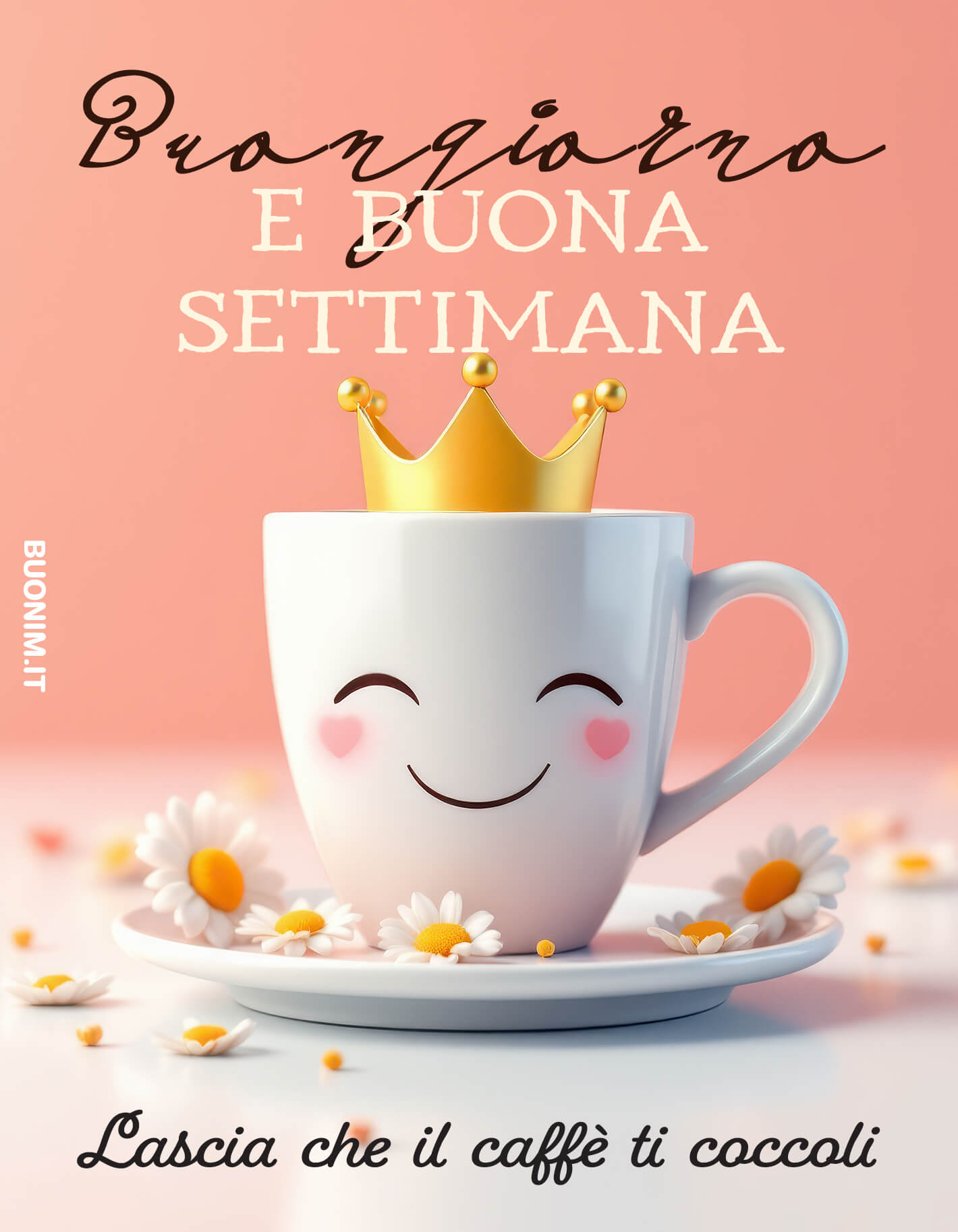 Buon Lunedì con il Caffè che Regala Coccole e Fortuna Con una corona allegra, il caffè del lunedì ti coccola e apre la settimana in serenità. Puoi inviare questa immagine a chi ami per offrire un buongiorno colmo di fortuna, energia, sorrisi.