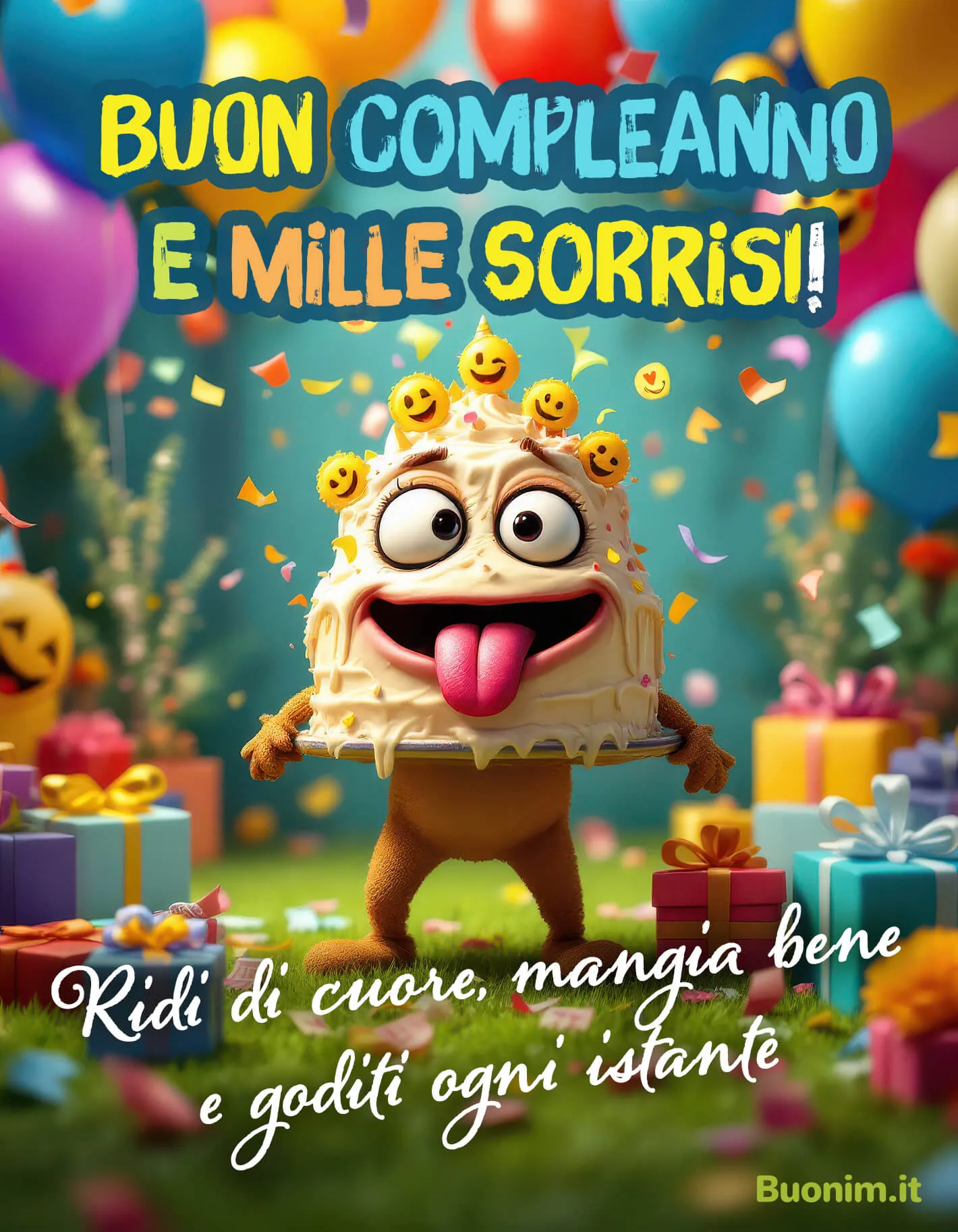 Che sia una giornata colorata, leggera e tutta da vivere con il sorriso. Questa immagine accompagna auguri pieni di energia, regali, allegria e quel pizzico di follia che rende tutto più bello.