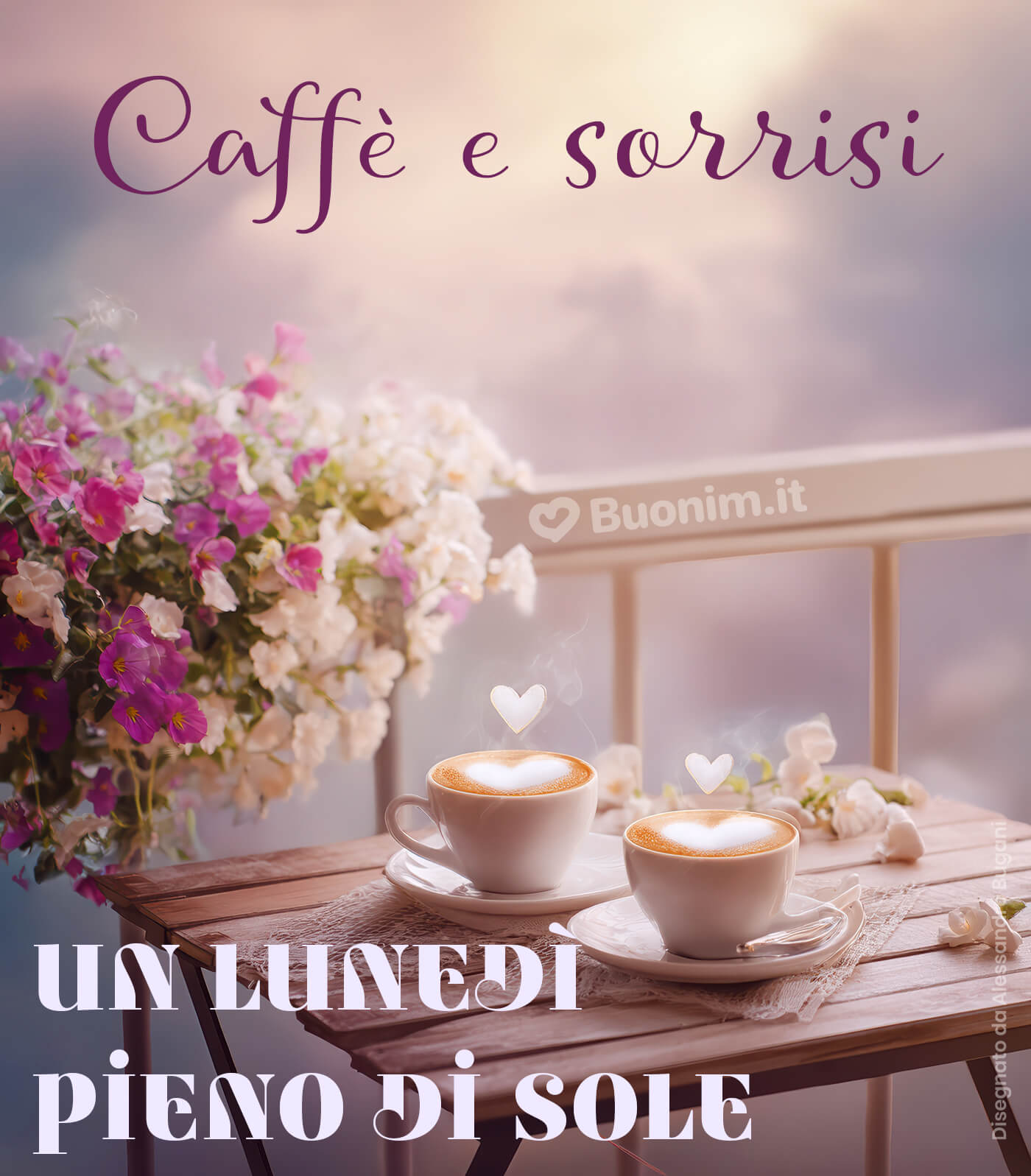 Buon lunedì con caffè e sorrisi dolci Tra profumo di caffè e cuori di schiuma, ti auguro un lunedì pieno di sole e serenità. Perfetta da inviare a chi vuoi bene per iniziare la giornata con un sorriso.