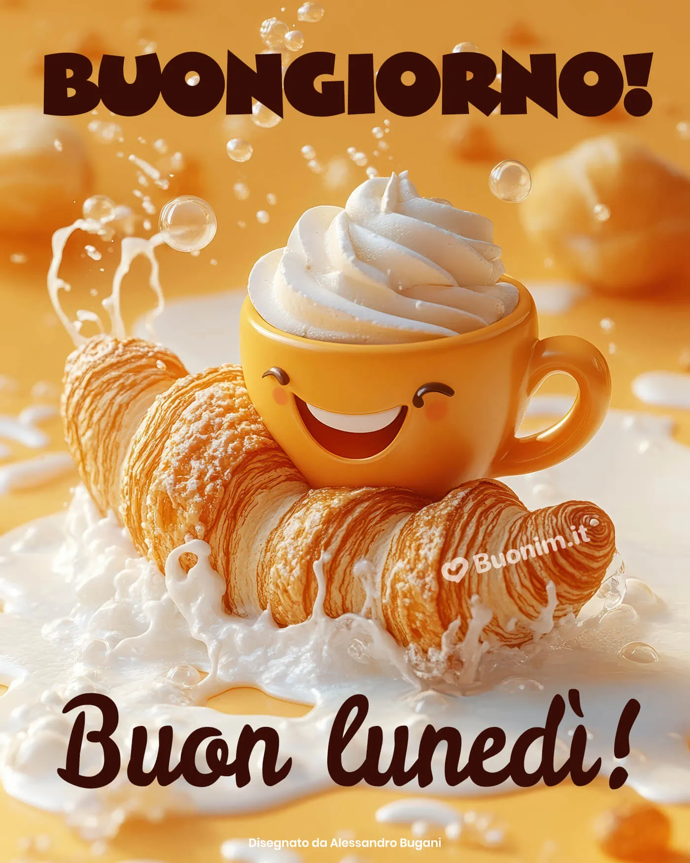 Tra schiuma soffice e profumo di brioche, ti auguro un lunedì allegro e leggero. Perfetta da inviare per strappare un sorriso e dare energia.
