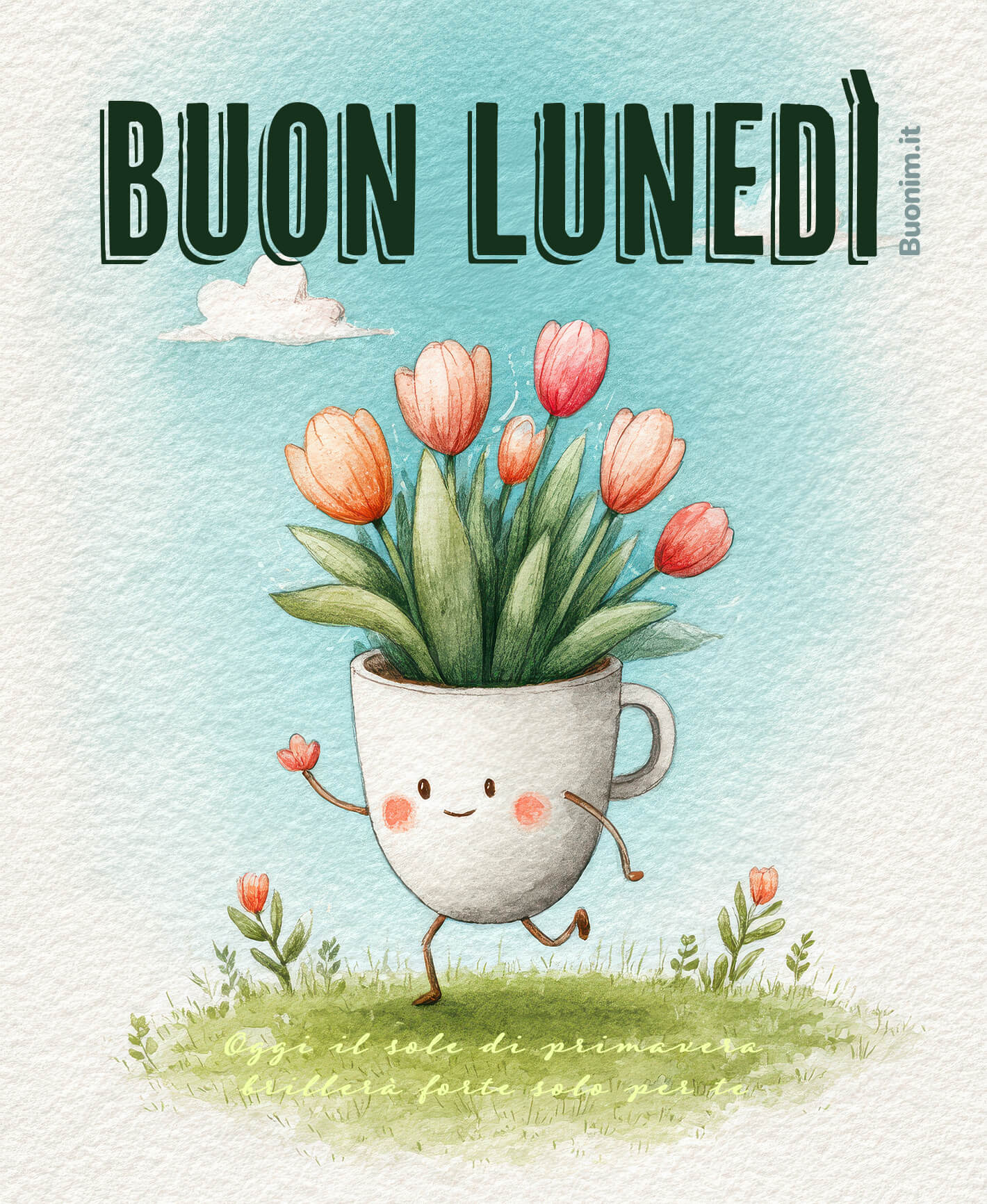 Buon lunedì tra tulipani e dolcezza Porta con te un po’ di primavera e un sorriso tenero. Questa immagine è perfetta da inviare a chi ami, per augurare energia, pace e tante cose belle.