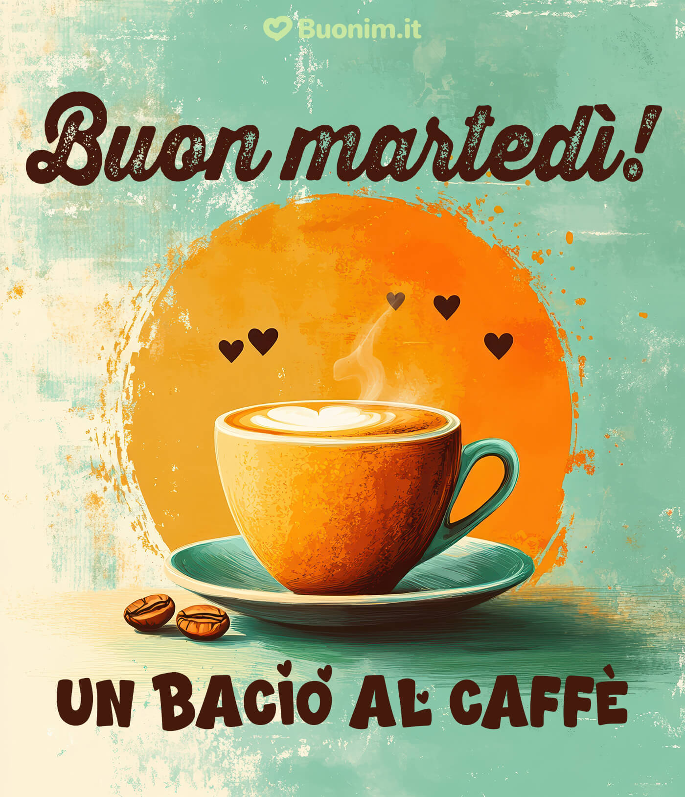 Buon martedì con bacio al caffè Il calore del cappuccino e quei cuoricini fanno subito tenerezza. Ti auguro un martedì pieno di energia e affetto, perfetto da condividere con chi merita un bacino.