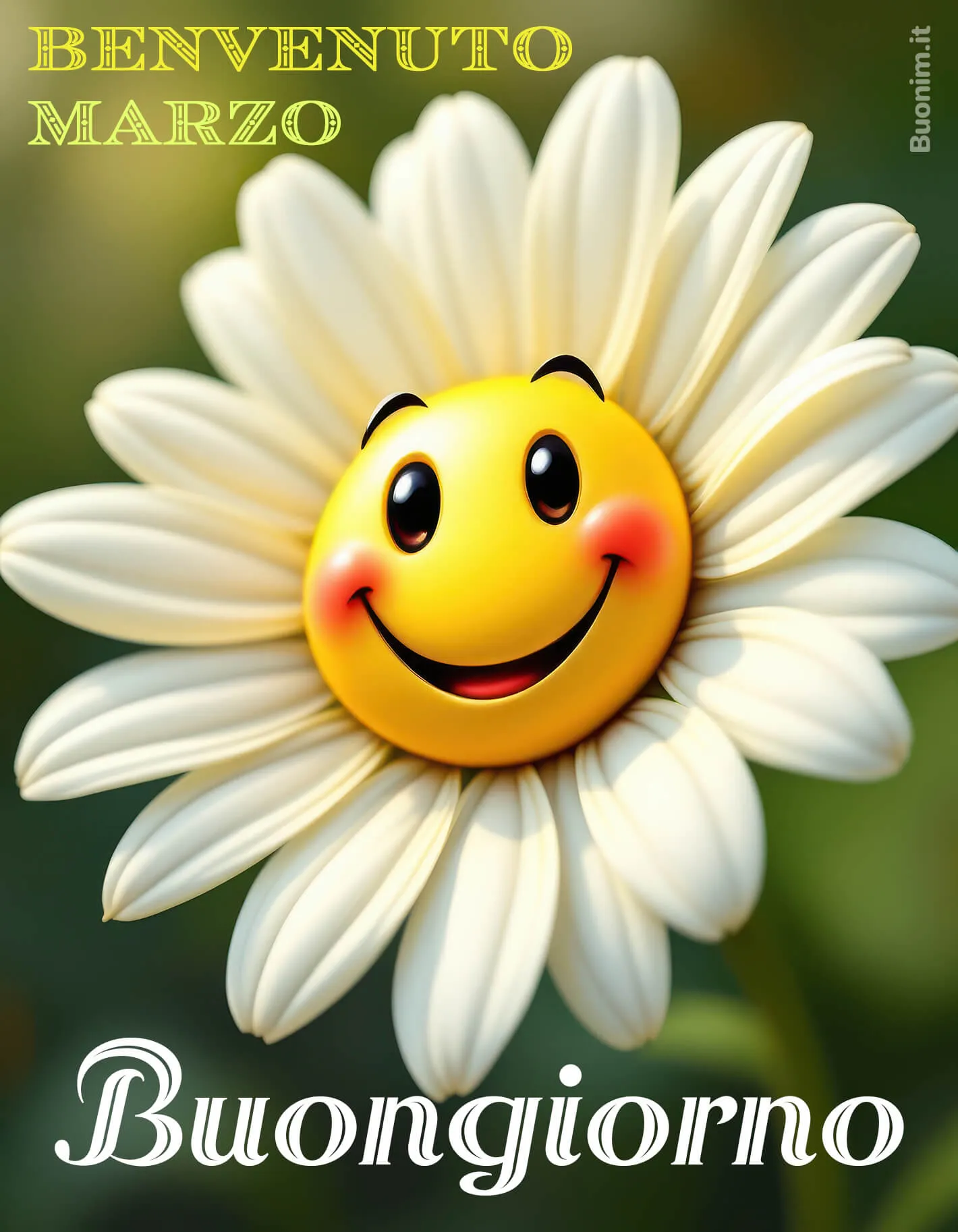 Buon marzo con margherita sorridente e luce Che dolcezza vedere i fiori di marzo aprirsi così. Regala questa tra le immagini con fiori di marzo a chi vuoi bene e porta un buongiorno pieno di serenità.
