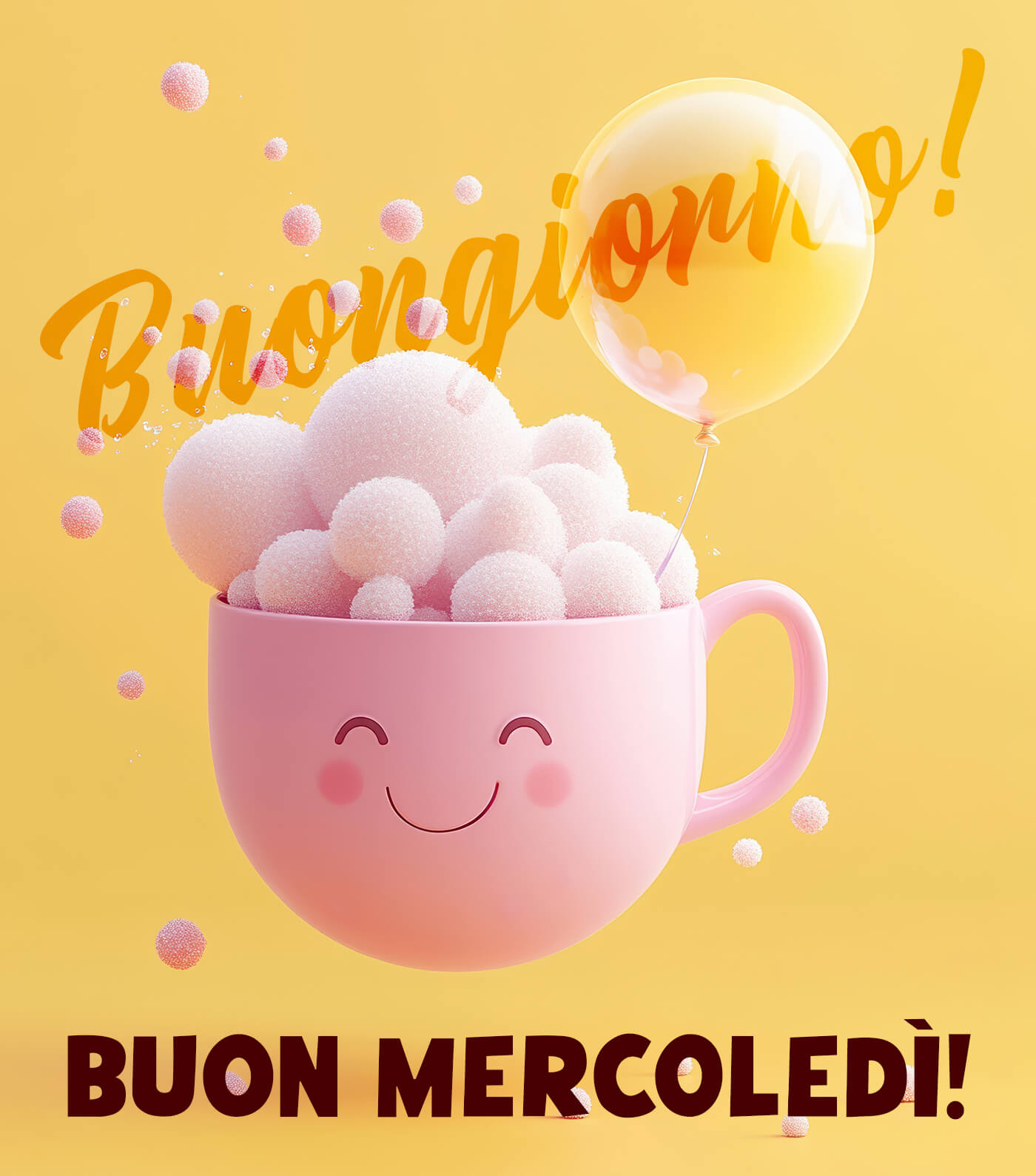 Buon mercoledì luminoso con sorriso e bollicine Che questo mercoledì inizi soffice e positivo, con un pensiero dolce per te. Perfetta da condividere su WhatsApp con chi vuoi bene, per regalare un po’ di allegria.