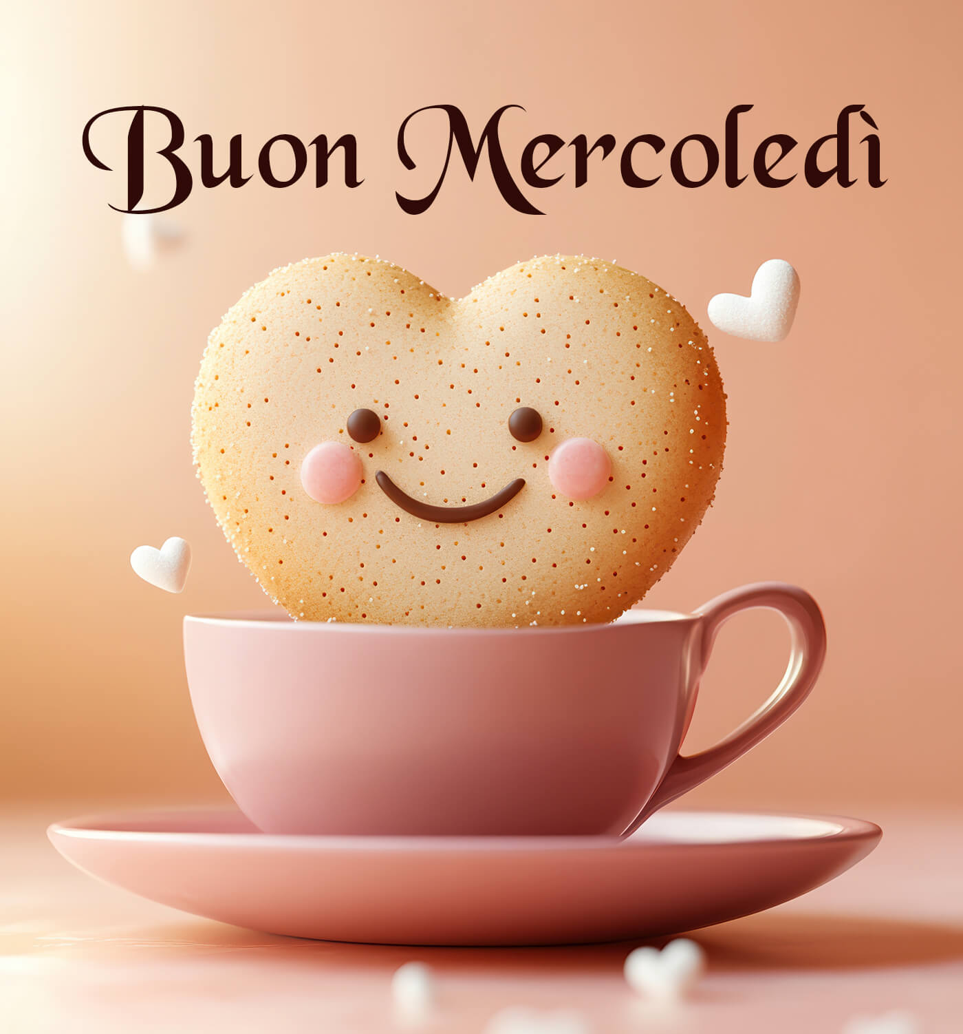 Buon mercoledì tenero con biscotto a cuore Dolcezza a forma di cuore per dirti che ti penso. Ti auguro un mercoledì leggero, con un sorriso in più e un abbraccio caldo.