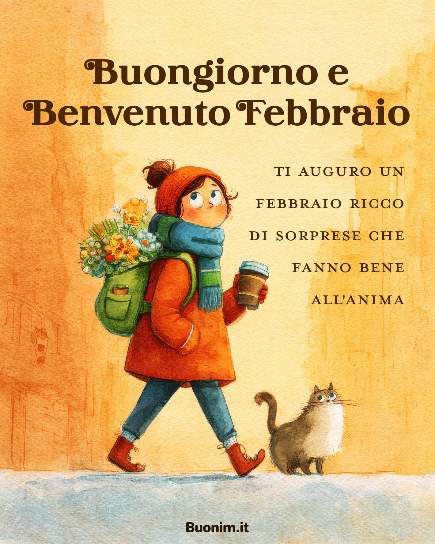 Buon mese di febbraio tra passi caldi e sorprese Camminando nel freddo, arrivano sorprese che fanno bene all’anima. Perfetta per augurare buon mese di febbraio e una felice giornata, magari per iniziare anche una buona settimana di febbraio.