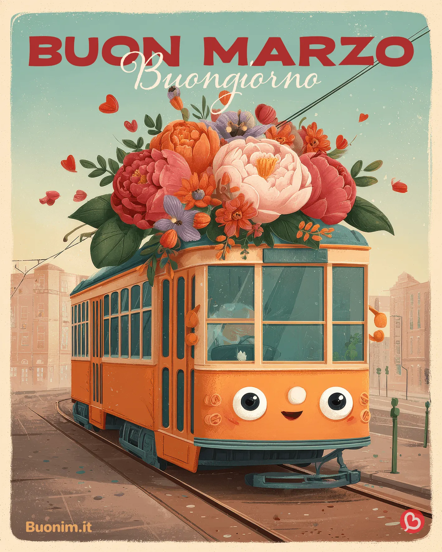 Buon mese di marzo con tram e fiori Che la tua giornata scorra leggera come un viaggio in città, tra sorrisi e piccoli cuori. Un’immagine per dare il ben arrivato a marzo, perfetta come immagine di buon marzo.
