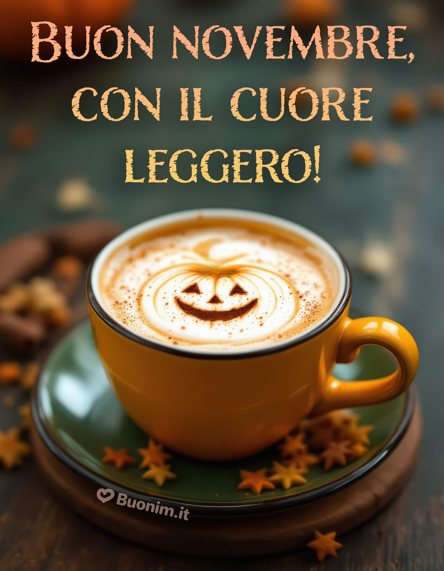 Buon novembre con caffè autunnale sorridente Un sorriso cremoso che alleggerisce il cuore e i pensieri. Ti auguro un felice novembre con frasi da tenere nell’anima, tra profumo di spezie e calore d’autunno.