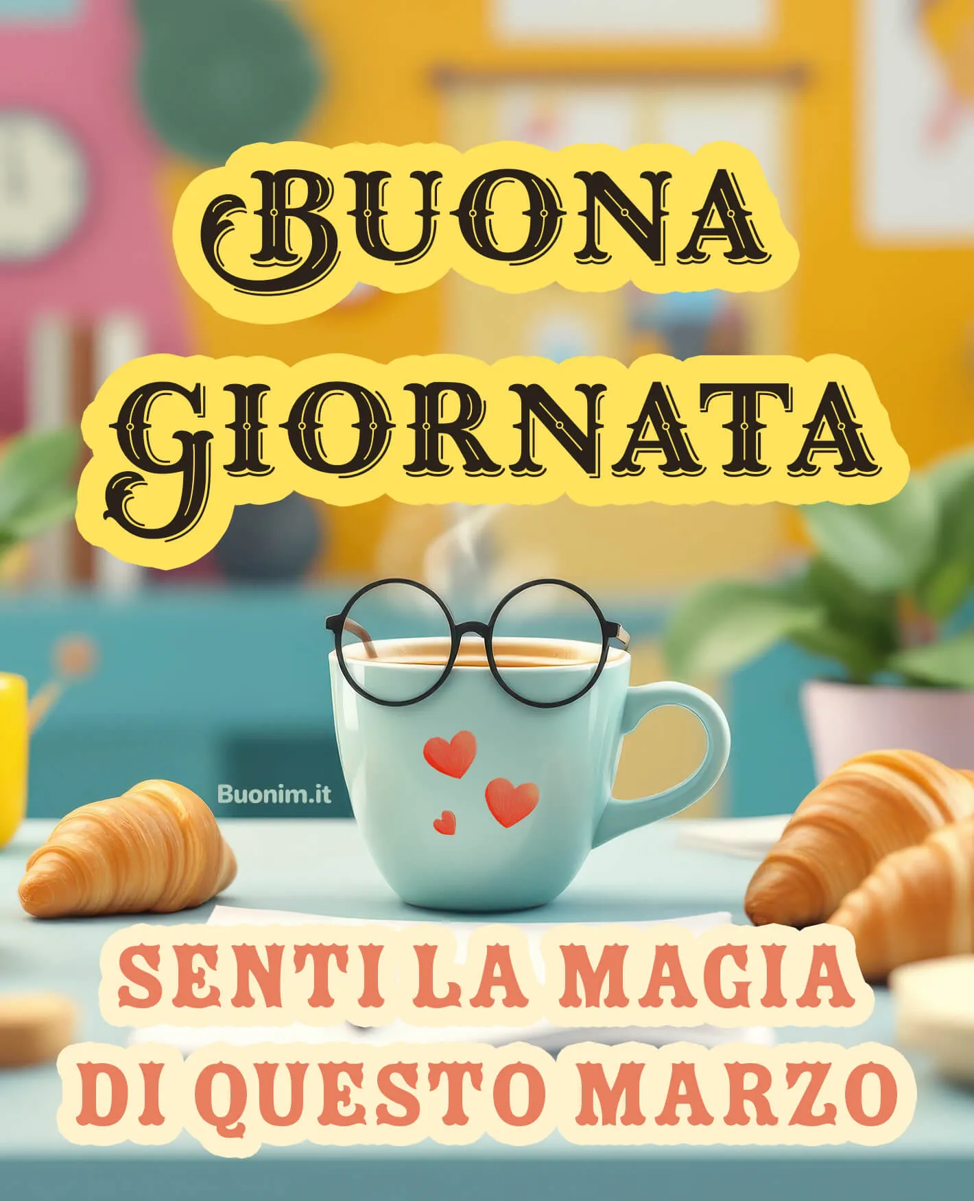 Buon primo marzo tra caffè caldo e sorrisi Profumo di brioche e coccole al mattino, per un inizio leggero. Questa immagine di buongiorno per il primo marzo è perfetta da inviare con affetto e buona energia.