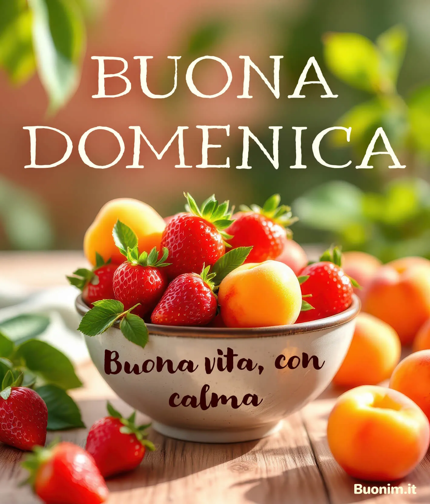 Tra fragole e albicocche nasce una Buona Domenica tranquilla. Ti auguro una giornata lenta e serena, perfetta da condividere come immagine di buongiorno di domenica, con dolcezza.
