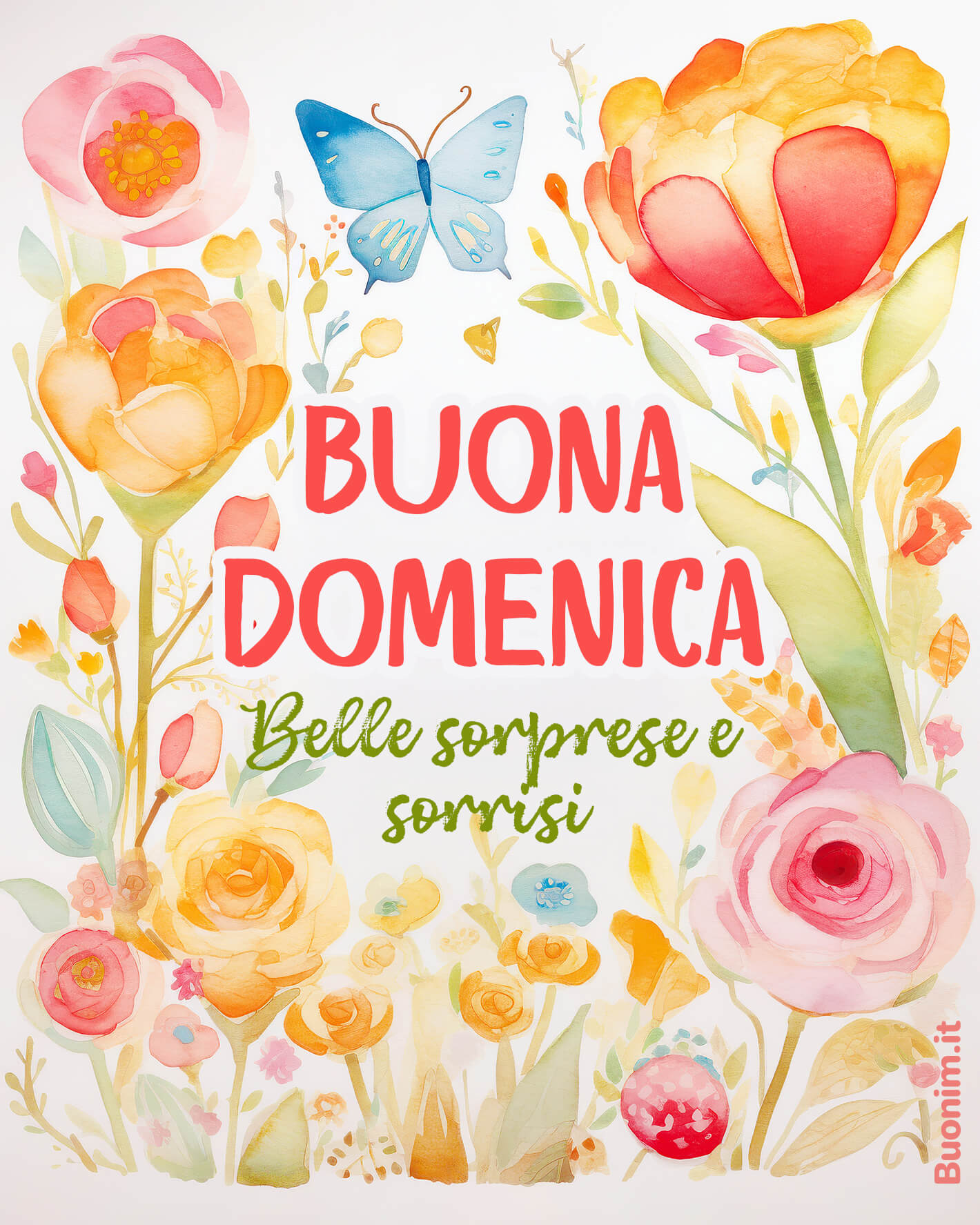 Buona Domenica floreale con farfalla e sorrisi Colori leggeri e petali gentili portano una Buona Domenica piena di belle sorprese. Puoi condividerla come immagine di buongiorno di domenica e regalare un abbraccio dolce.