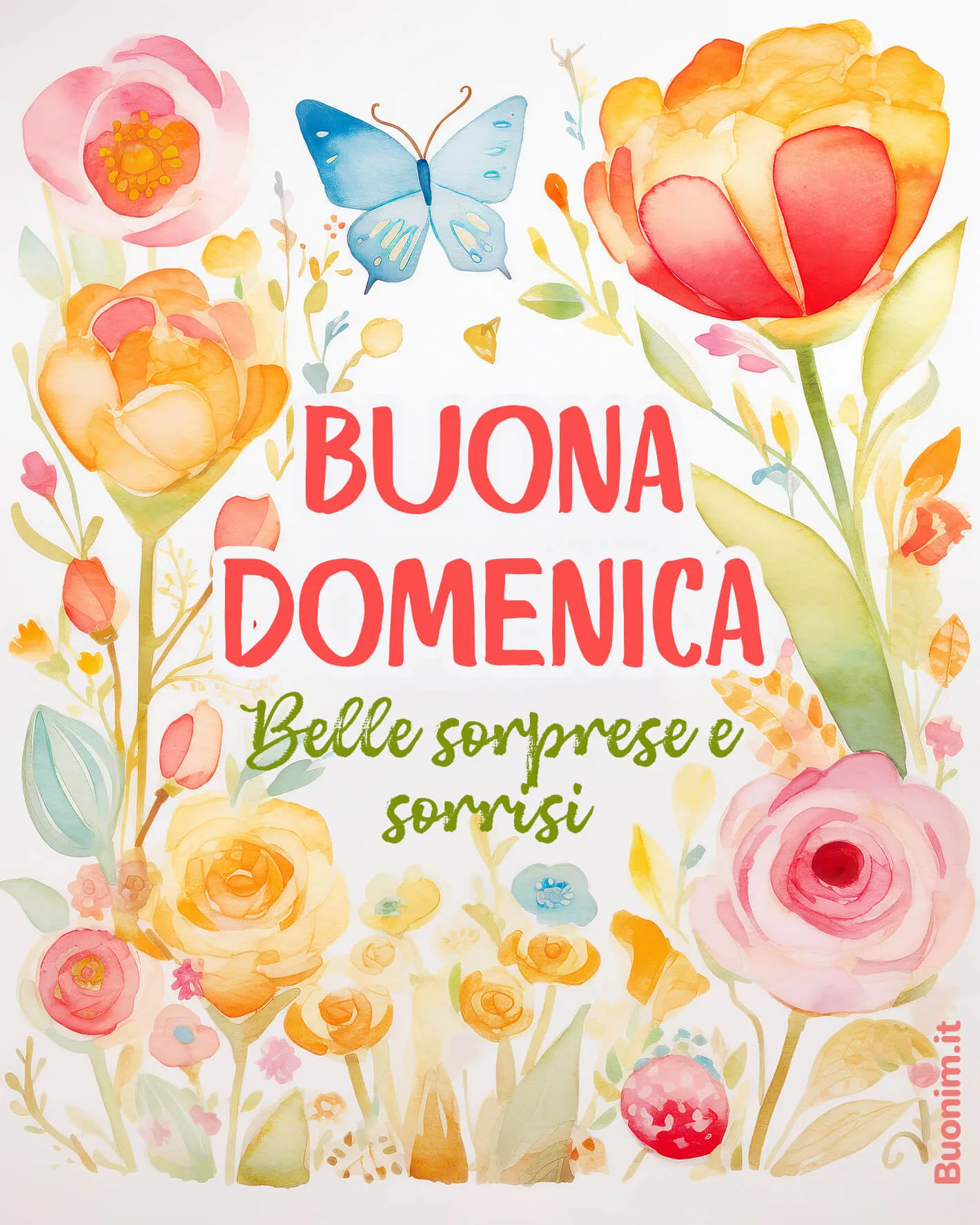 Colori leggeri e petali gentili portano una Buona Domenica piena di belle sorprese. Puoi condividerla come immagine di buongiorno di domenica e regalare un abbraccio dolce.