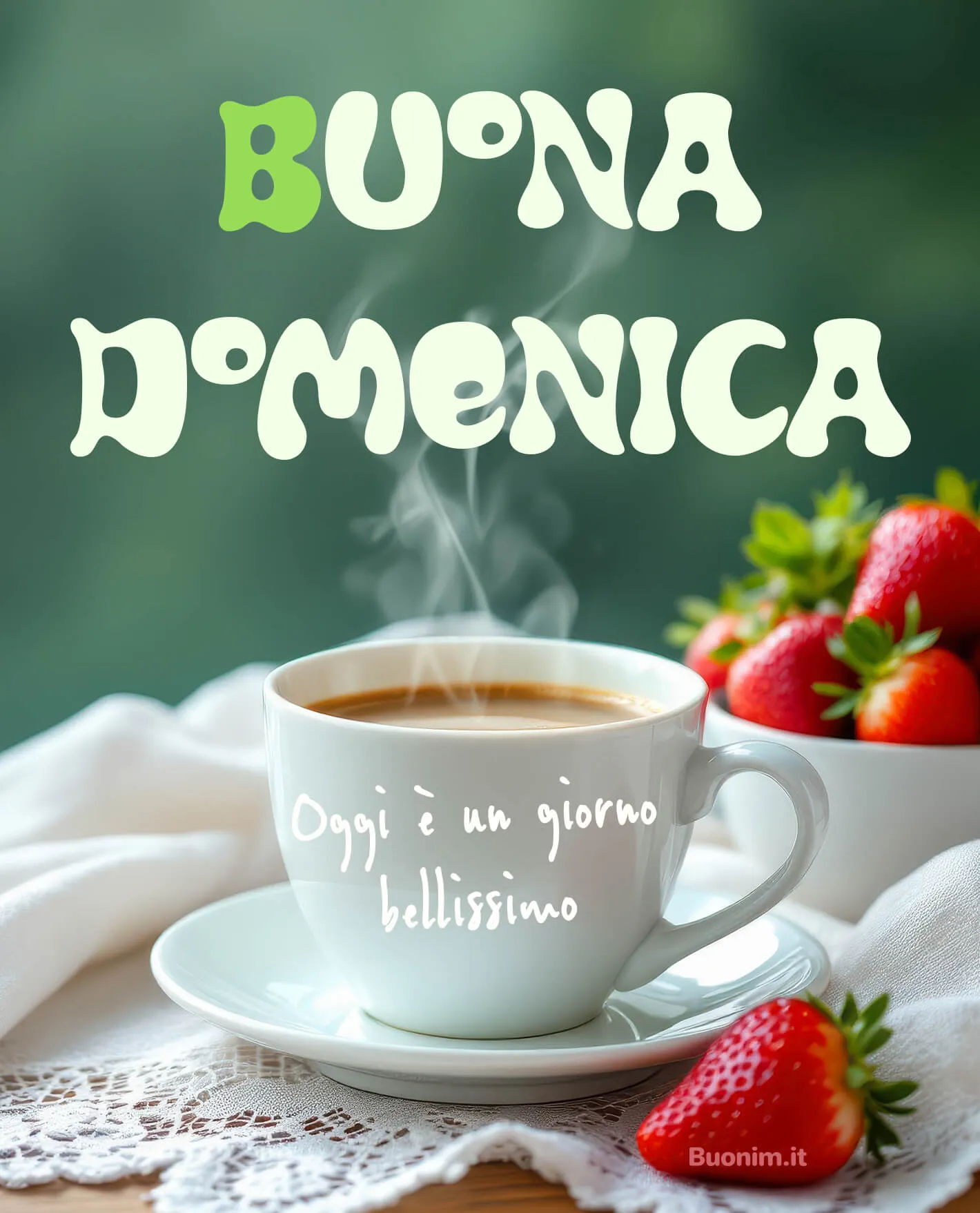 Vapore caldo dal caffè e fragole dolci, così la domenica parte col piede giusto. Ti mando un buongiorno di domenica pieno di pace, da condividere con un sorriso.