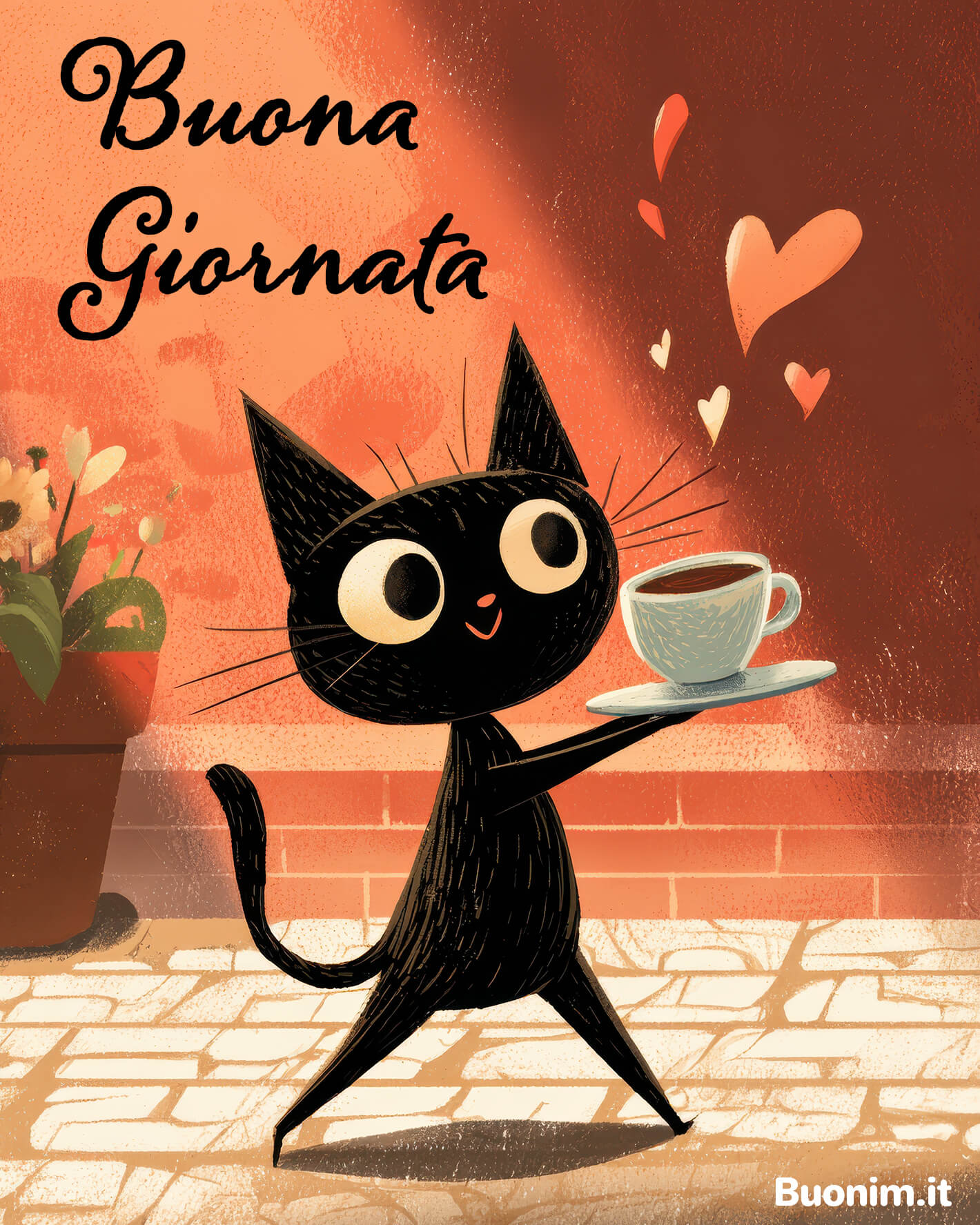 Buona giornata con gatto nero e caffè Quando serve una spinta gentile, arriva un caffè con bacini. Tra le immagini di benvenuto febbraio, questa cartolina porta luce al mese e rende febbraio più leggero.