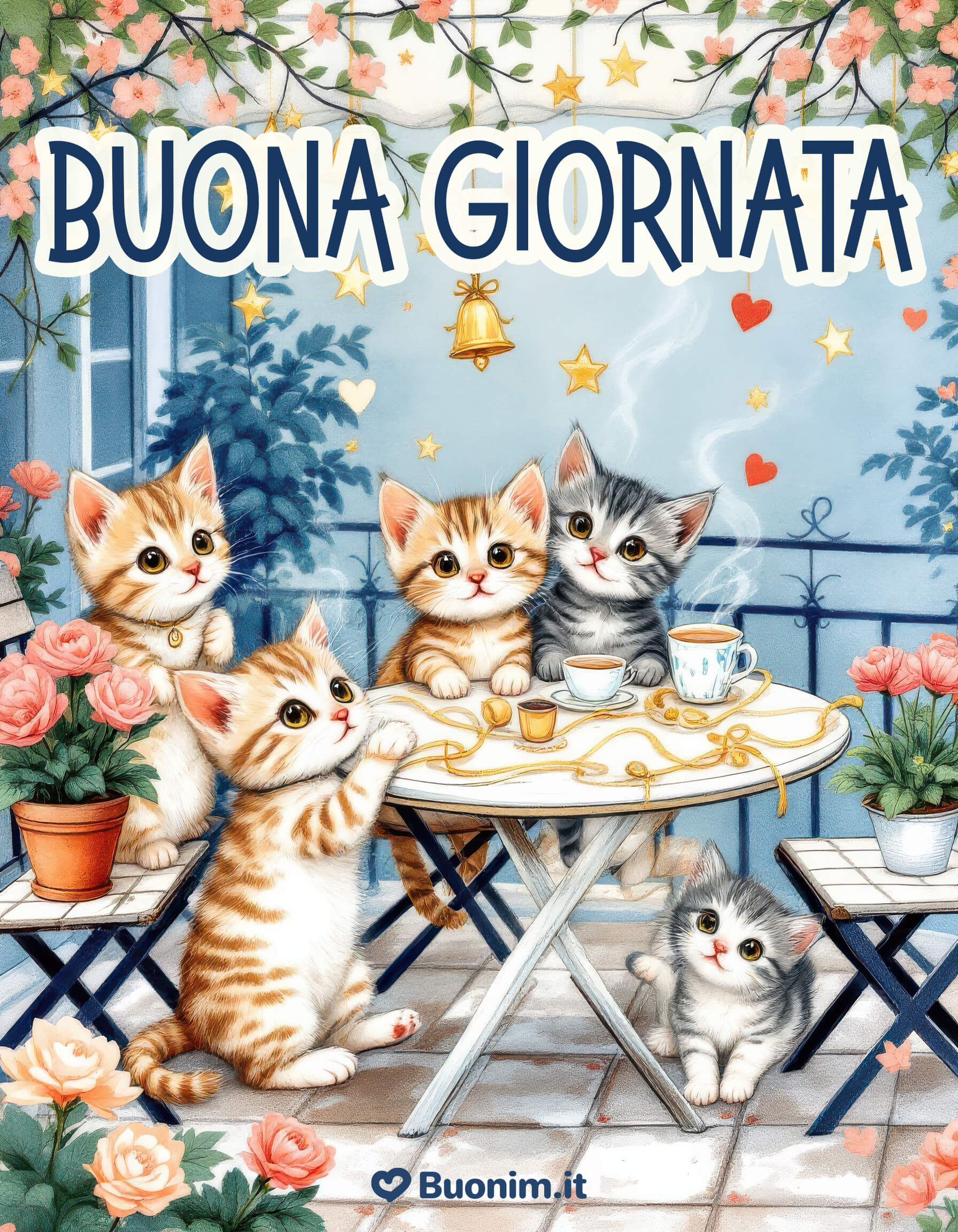 Buona giornata con tanta dolcezza e compagnia Ti auguro una giornata leggera, allegra e ricca di coccole, proprio come questi gattini curiosi che portano buonumore. Una mattina che risveglia affetto e serenità. Perfetta da inviare come messaggio del cuore per augurare una splendida giornata.