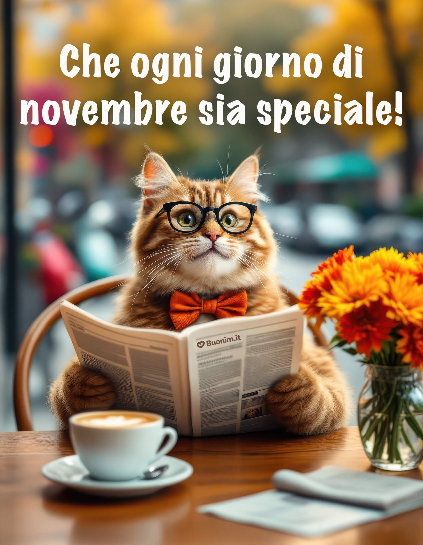 Buona giornata dal gattino elegante con il giornale Occhiali, fiocco e cappuccino fanno notizia con il sorriso. Che la mattina inizi leggera e piena di buonumore, con immagini di buongiorno del mese di novembre da inviare a chi porti nel cuore.