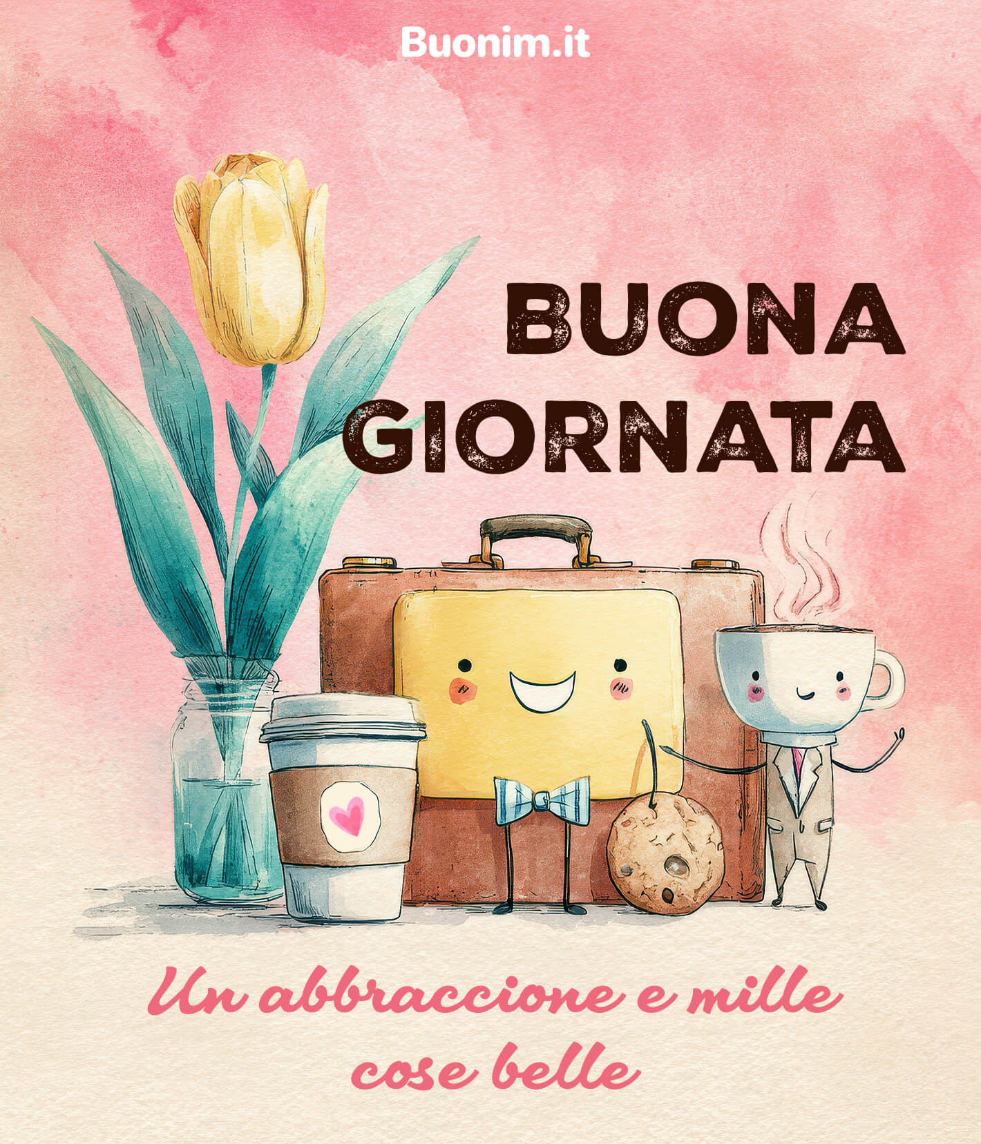 Colori pastello e un abbraccione scaldano il cuore al mattino. Ti auguro un buongiorno pieno di cose belle, ideale da inviare a chi vuoi bene.