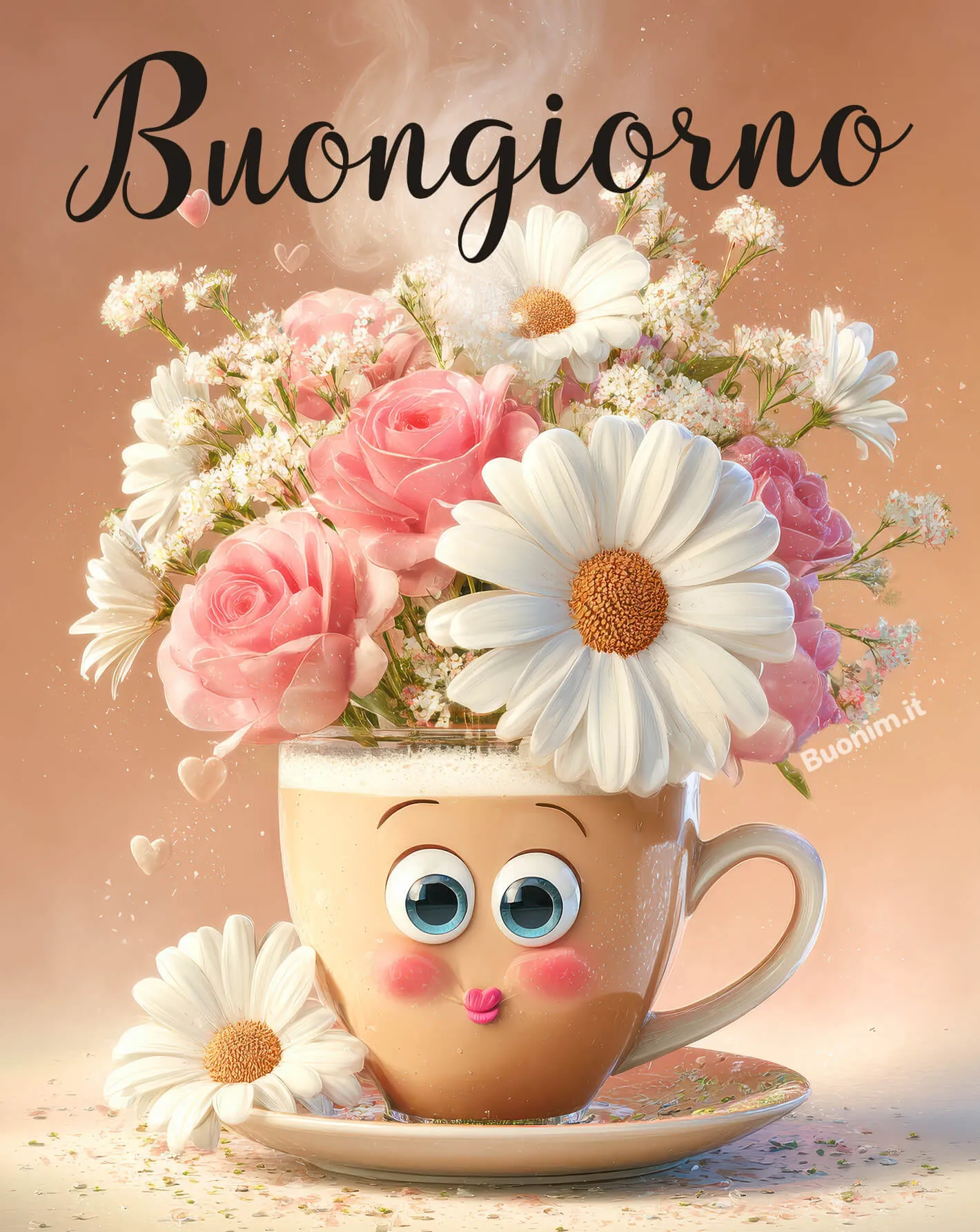 Profuma di calma e dolcezza questa immagine di buongiorno, perfetta per il primo mattino quando vuoi condividere affetto, luce e un pensiero gentile con chi ti sta nel cuore.