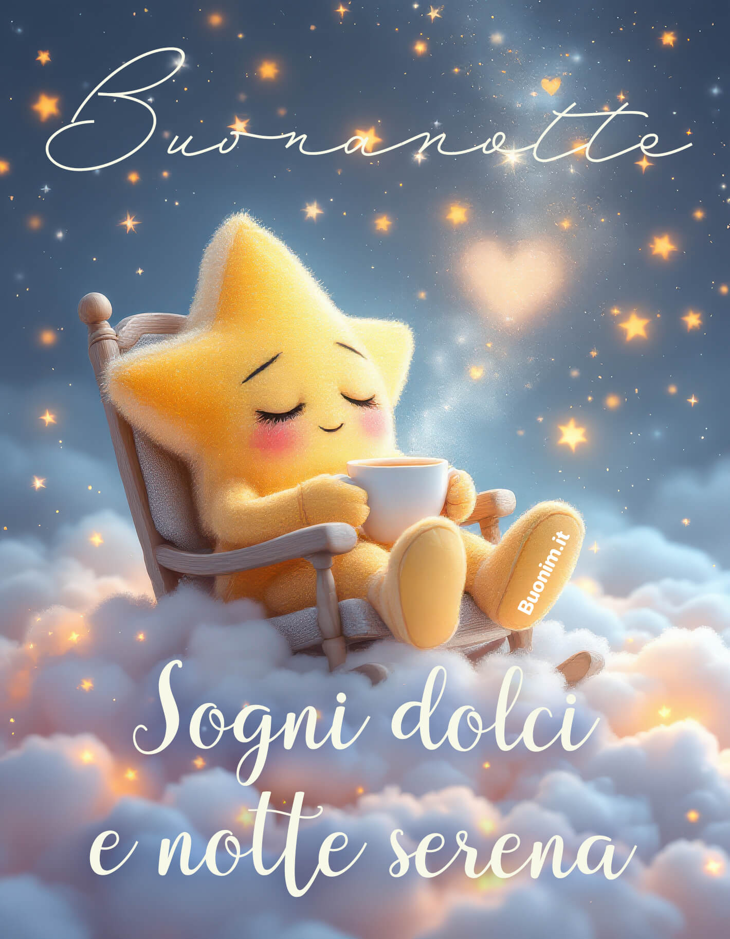 Nel silenzio della notte questa tenera immagine porta calma e affetto come una carezza. Ideale per augurare la buonanotte e accompagnare chi la riceve verso sogni dolci, pieni di serenità e luce.