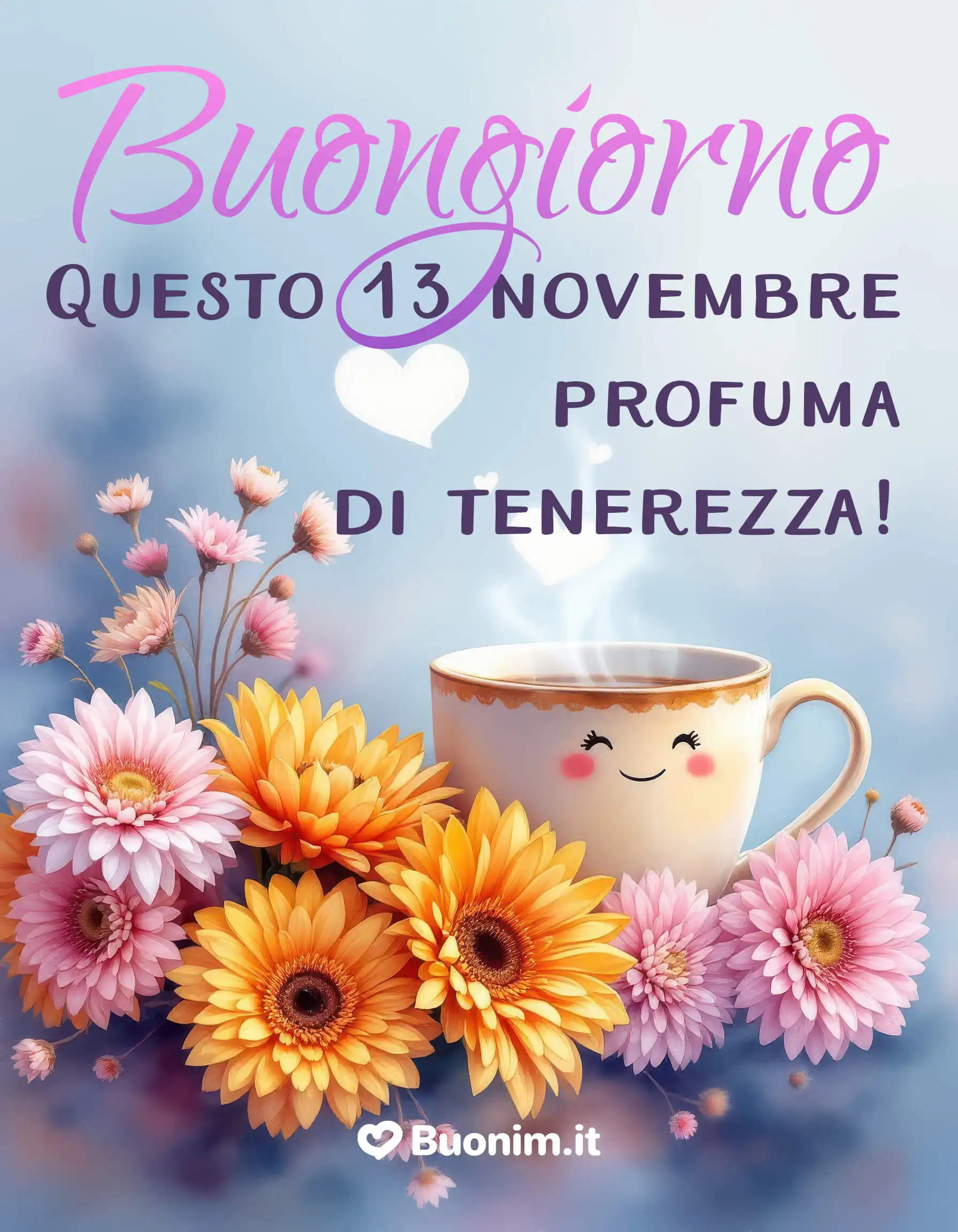 Tra i fiori allegri e la tazzina sorridente, ti auguro una mattina morbida di coccole. Manda questa cartolina e fai sbocciare un abbraccione.