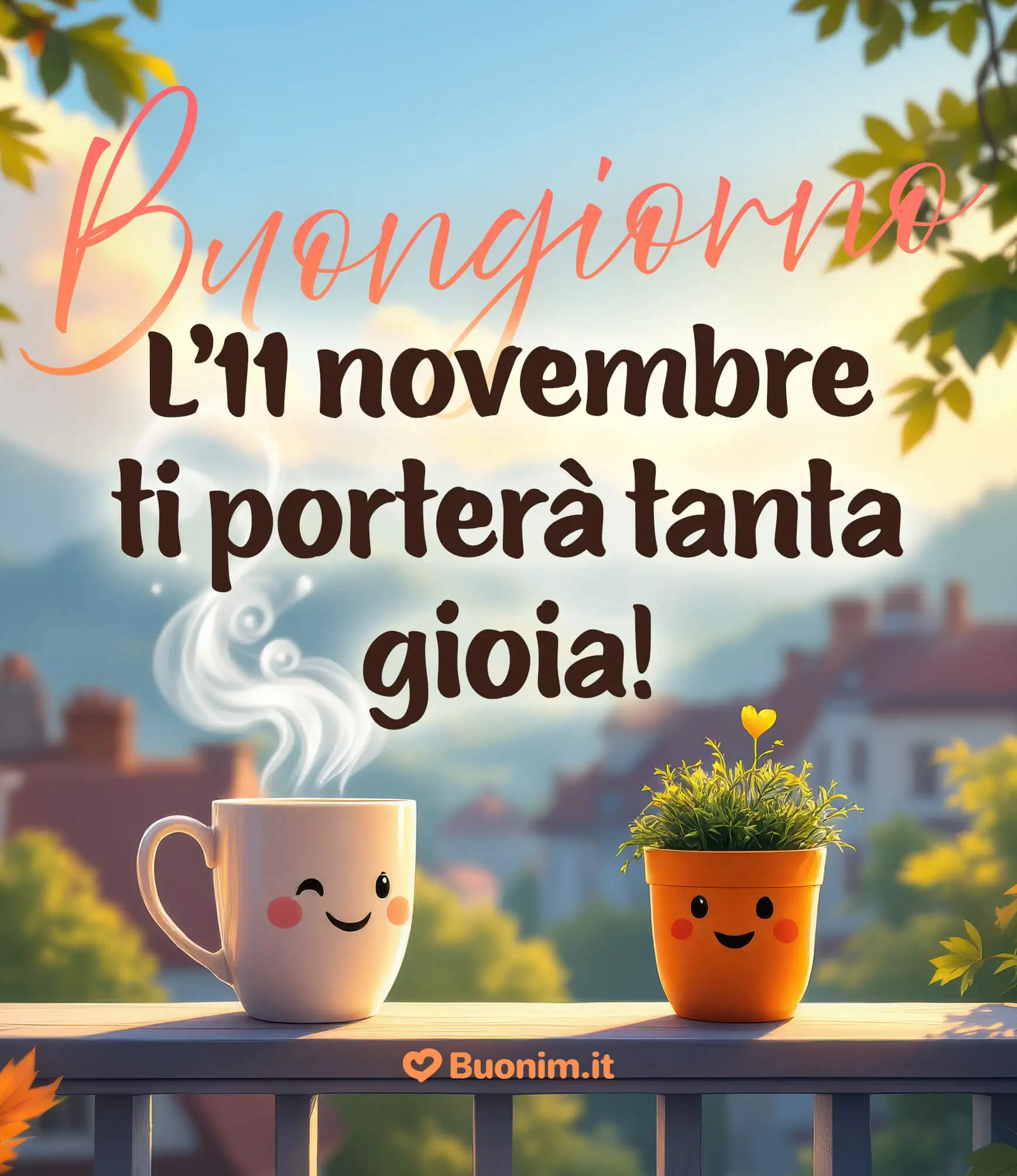 Buongiornissimo e buon 11 novembre con tazza e cuoricino Tra il vapore sorridente e la piantina innamorata, ti auguro una mattina dolce e luminosa. Condividi questa cartolina e porta gioia a chi ami.