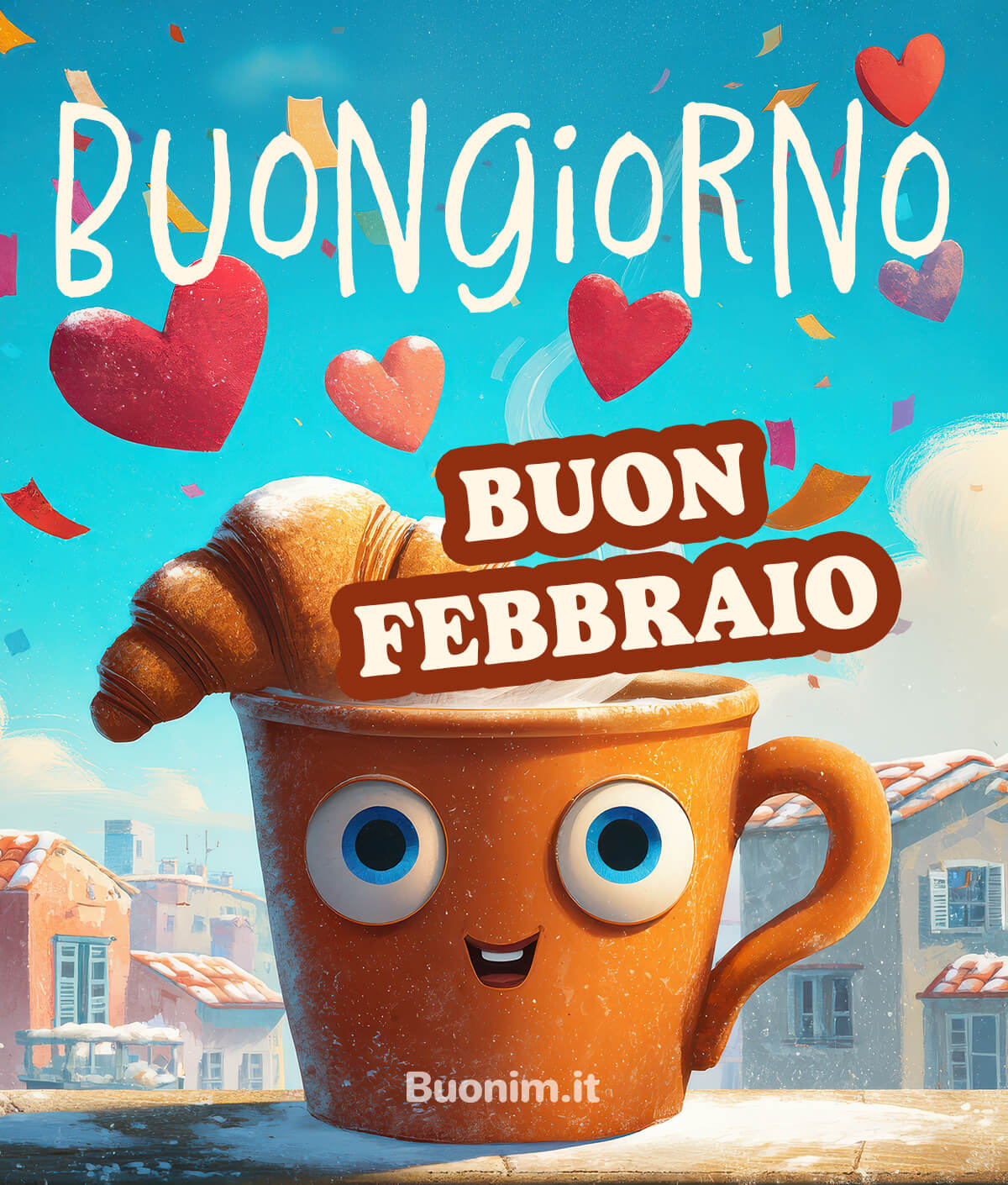 Buongiorno Invernale con tazza felice e cuori Buongiornissimo, oggi si parte con allegria e neve leggera. Tra le immagini buongiorno del mese di febbraio, questa cartolina è ideale per mandare auguri di buon febbraio pieni di luce.