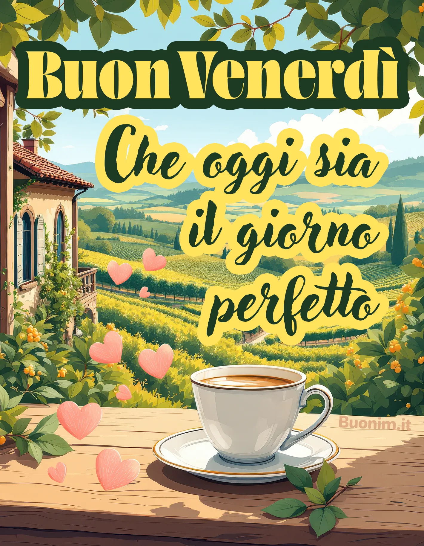 Buongiorno Venerdì con panorama e caffè sereno Respira la calma della campagna e lascia che il caffè scaldi il cuore. Buongiorno e buon venerdì, ti auguro una buona giornata piena di sorrisi e piccoli momenti perfetti.